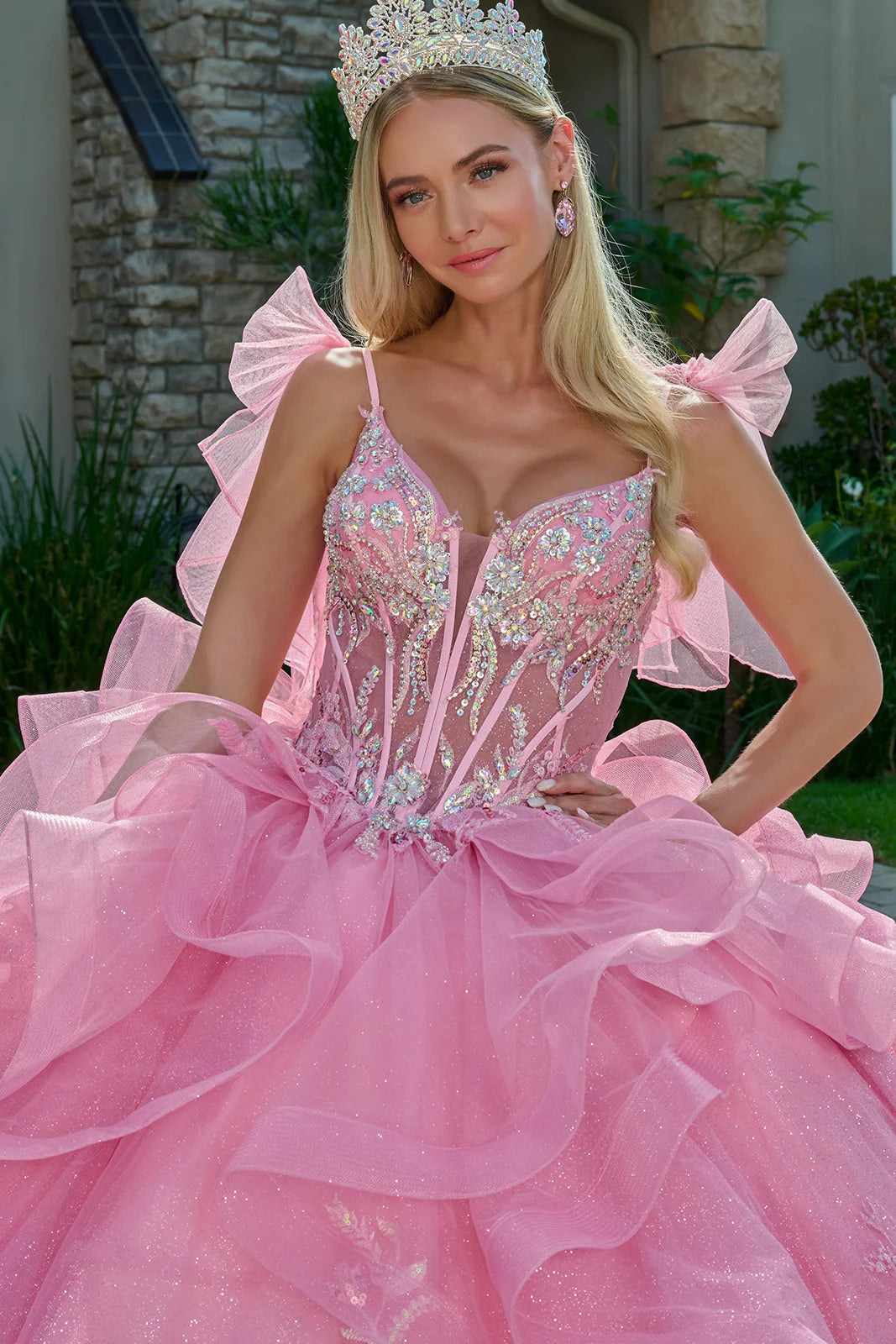 Quinceniera Dresses Long Quinceanera Ball Gown Beaded Sequin Dress Pink