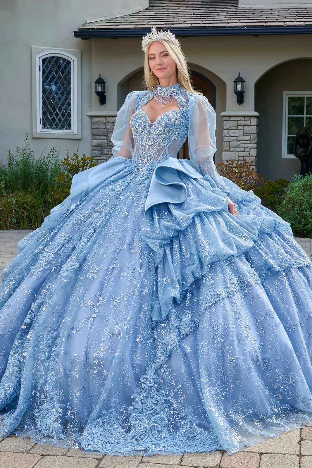 Quinceniera Dresses Sequin Ruffle Corset Long Ball Gown Quinceniera Dress Dusty Blue
