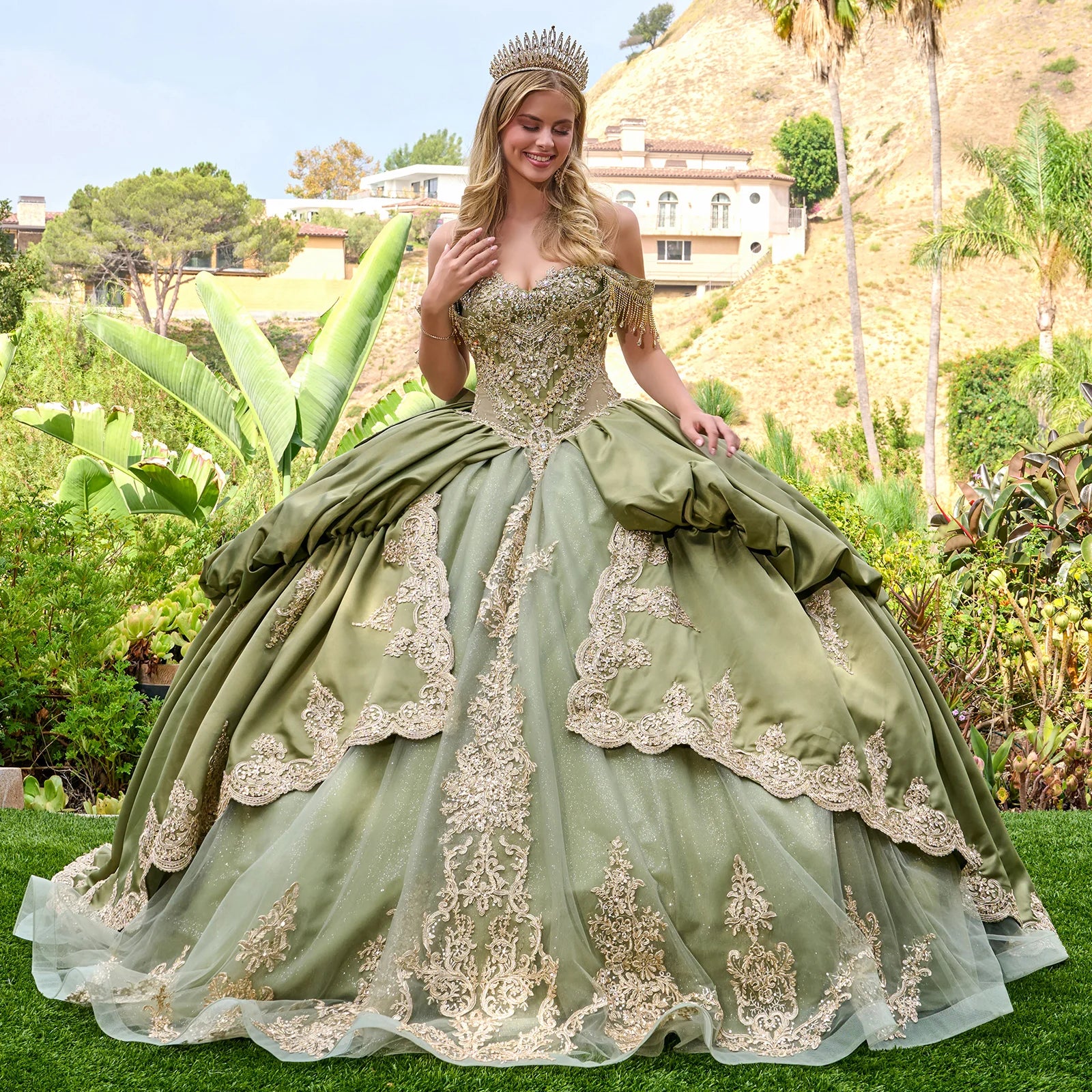 Quinceniera Dresses Long Quinceanera Corset Ball Gown Sequin Dress Olive