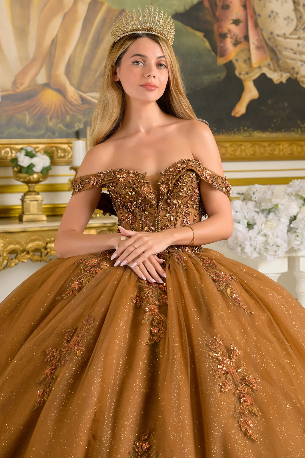 Quinceniera Dresses Long Ball Gown Corset Beaded Sequin Glitter Quinceniera Dress Brown