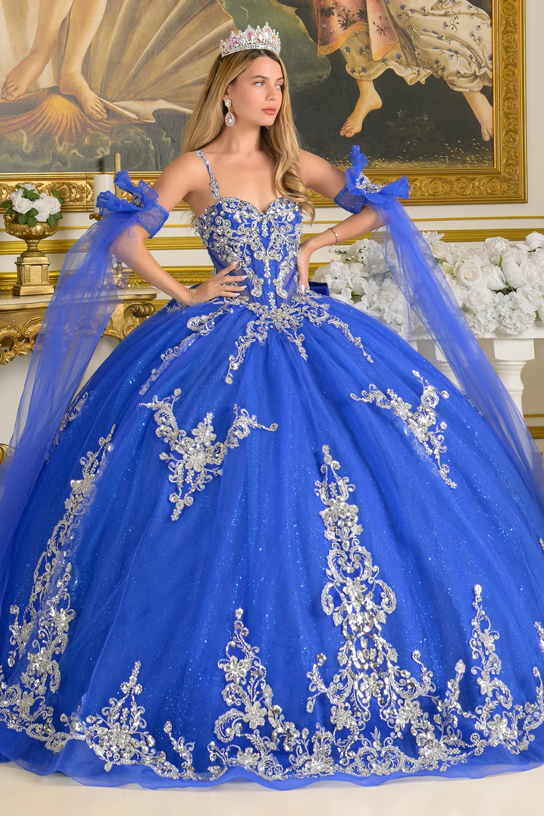 Quinceniera Dresses Sequin Beaded Long Quinceanera Ball Gown Corset Dress Royal Blue/Silver