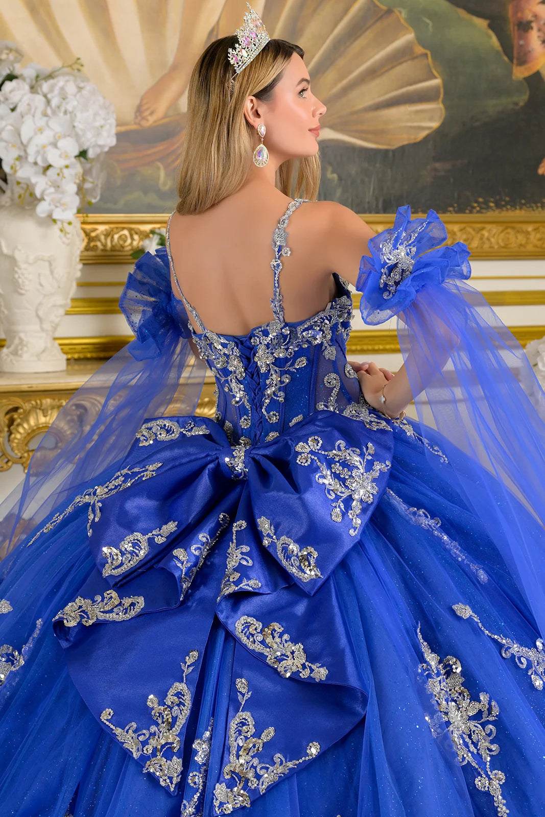 Quinceniera Dresses Sequin Beaded Long Quinceanera Ball Gown Corset Dress Royal Blue/Silver