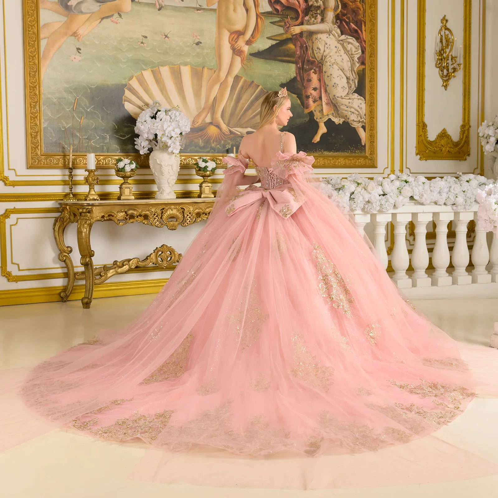 Quinceniera Dresses Ball Gown Glitter Sequin Quinceanera Dress - Corset - GLS GL3814 Dusty Rose-Tulle-GL3814-Train