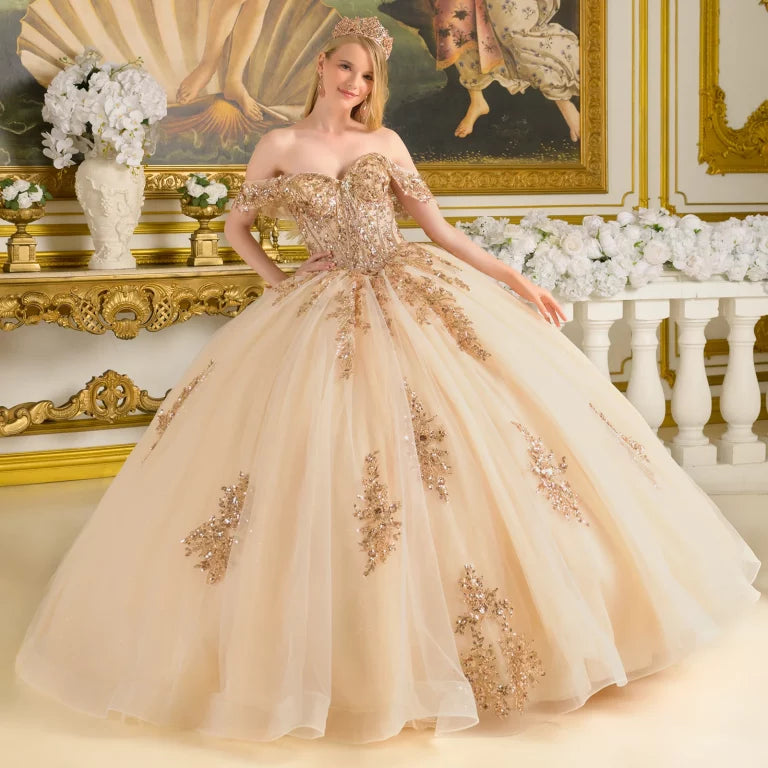 Quinceniera Dresses Beaded Sequin Long Glitter Ball Gown Quinceanera Dress Champagne