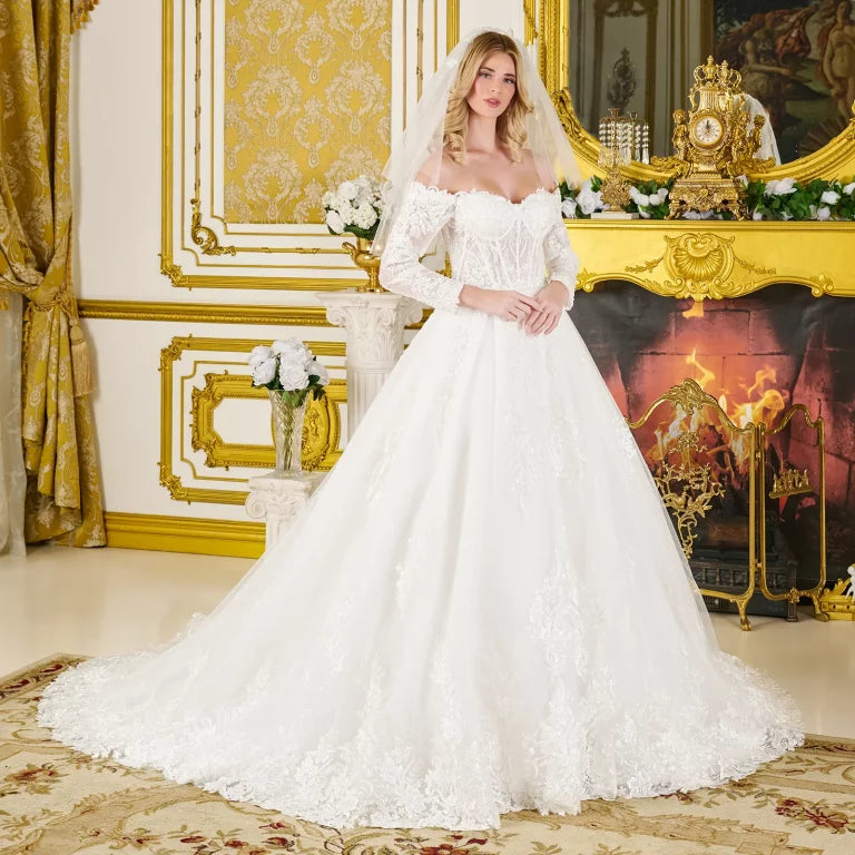 Wedding Dresses Ball Gown Beaded Long Floral Bridal Corset Lace Wedding Dress Off White