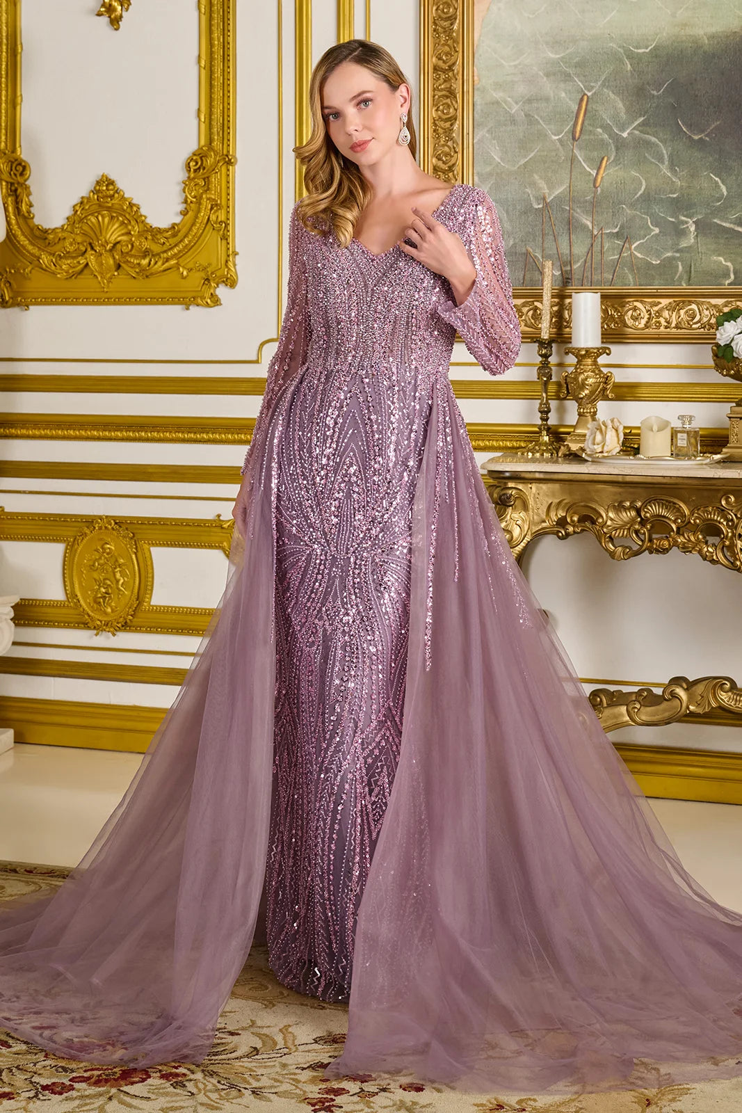 Mother of the Bride Dresses Long Mother of the Bride A Line Long Sleeve Beaded Sequin Dress Mauve