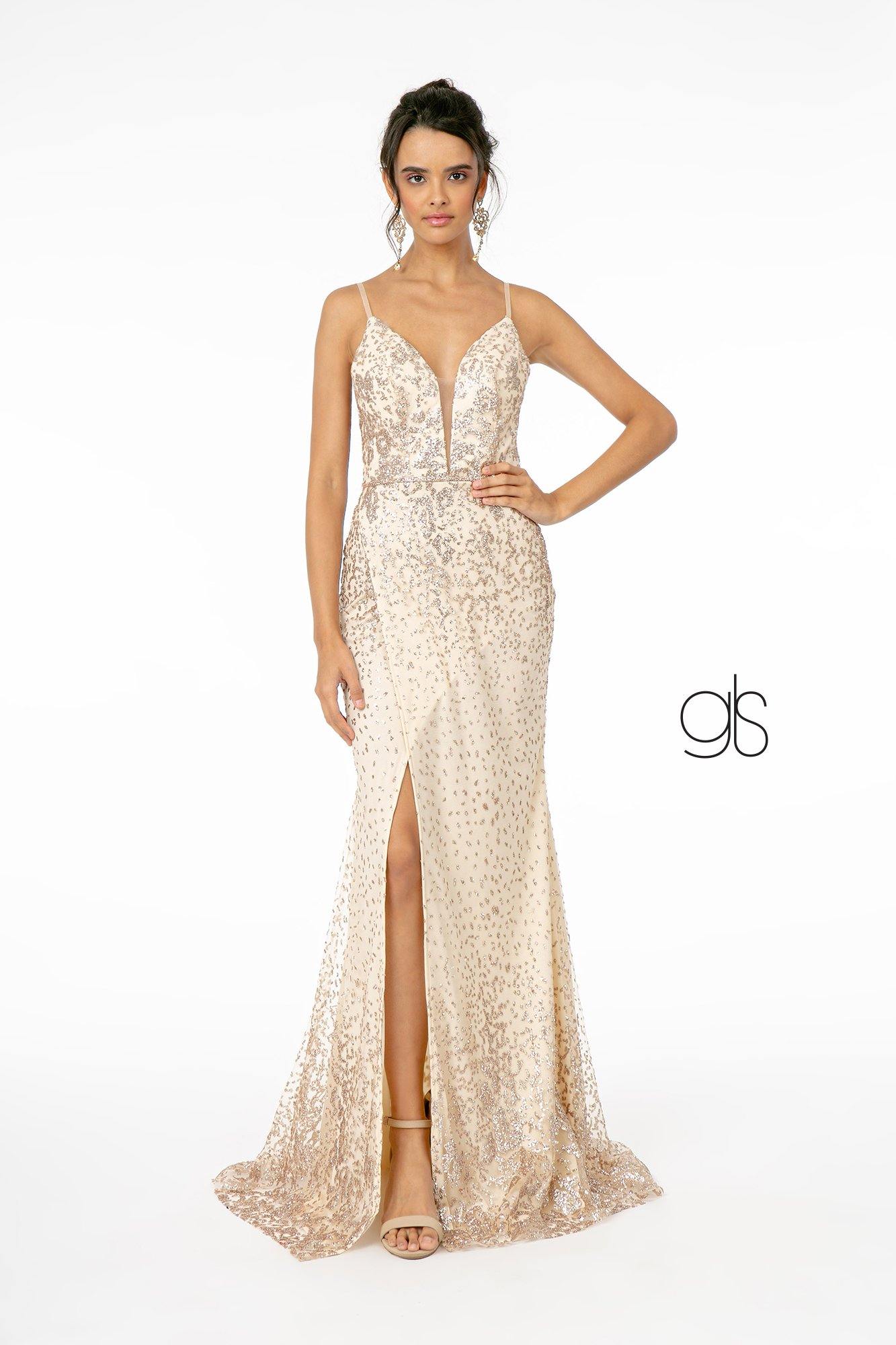 Glitter Mesh Illusion Long Prom Dress - The Dress Outlet Elizabeth K