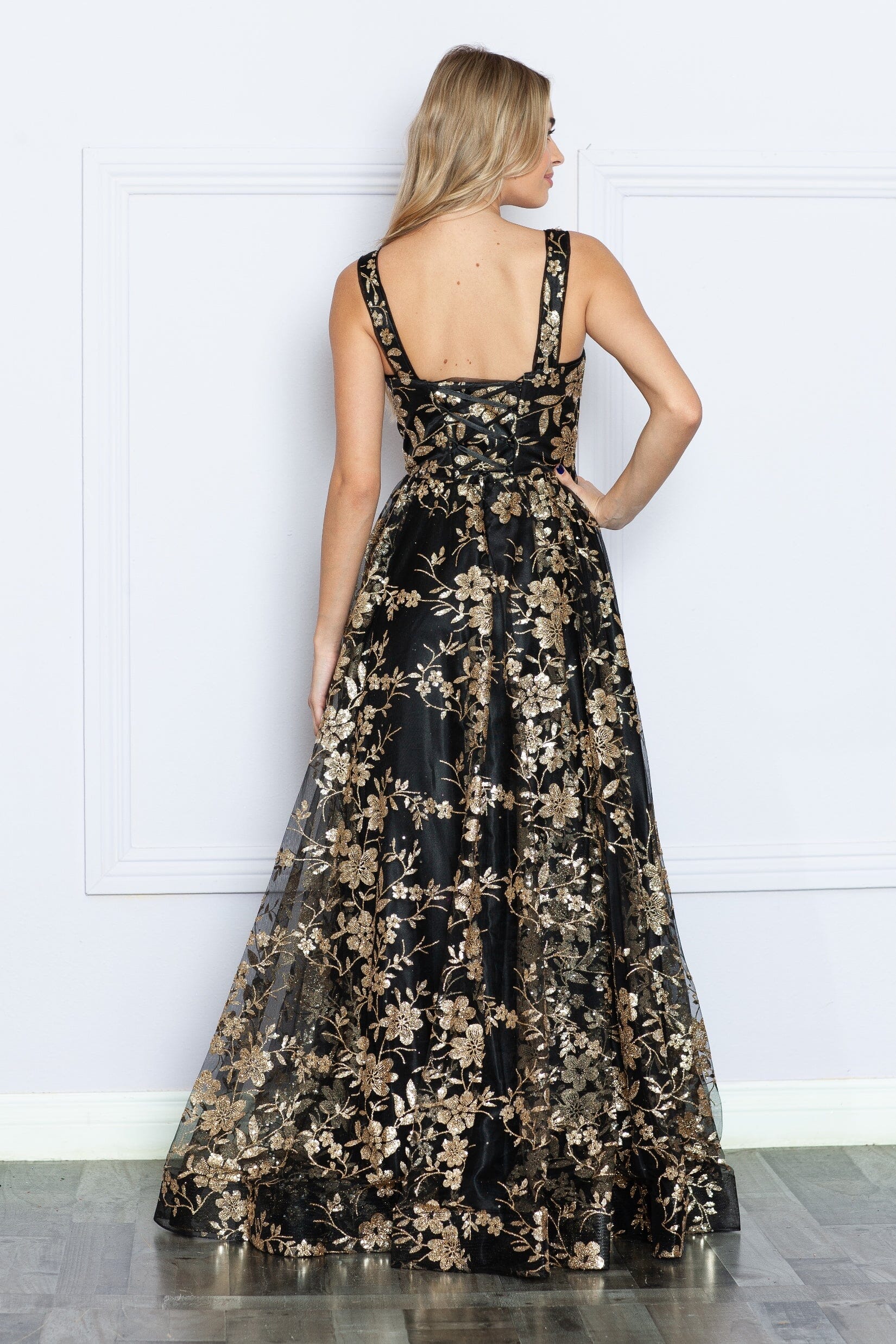 Black/Rose Gold V Neck Floor Length Tulle Prom Gown with Floral Print A-line Formal Dress Poly USA 9298