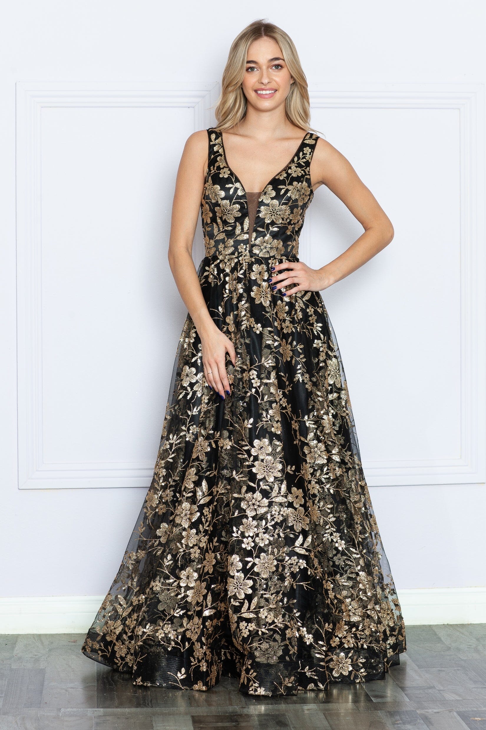 Black/Rose Gold V Neck Floor Length Tulle Prom Gown with Floral Print A-line Formal Dress Poly USA 9298