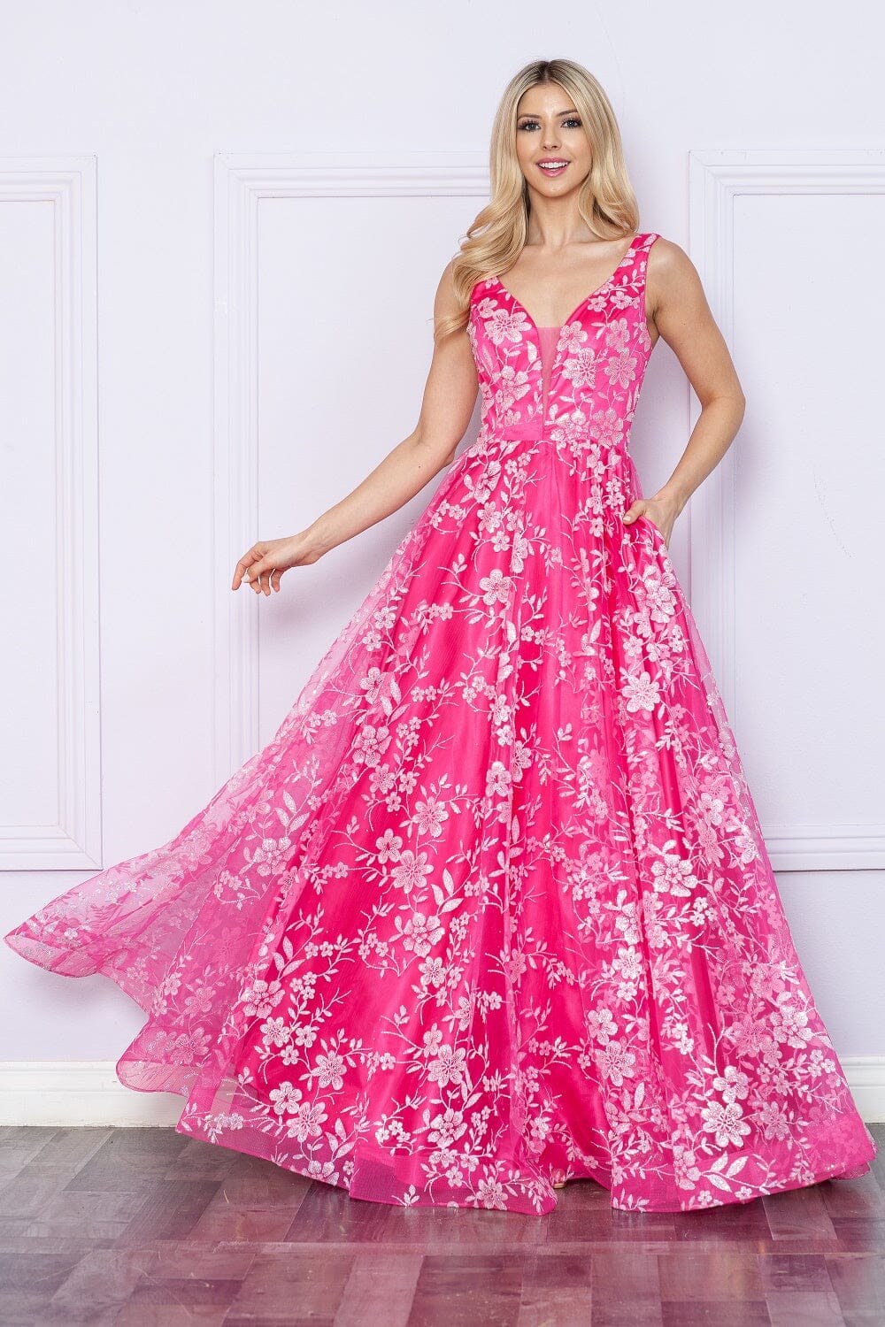 Hot Pink/White V Neck Floor Length Tulle Prom Gown with Floral Print A-line Formal Dress Poly USA 9298