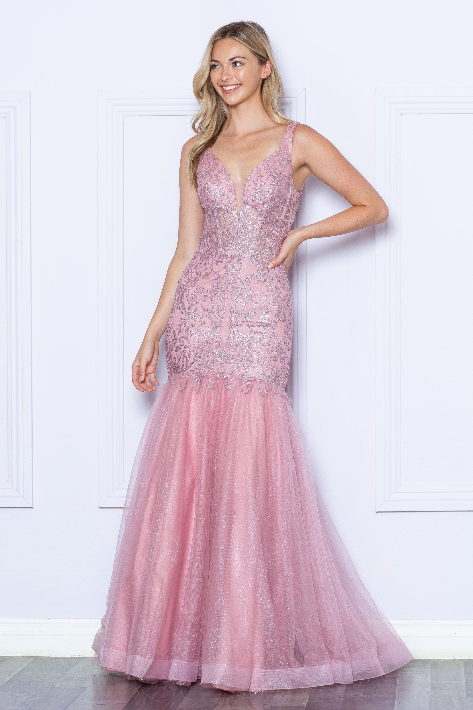 Rose Gold V Neck Floor Length Glitter Tulle Prom Dress with Sweep Train Formal Gown Poly USA 9388