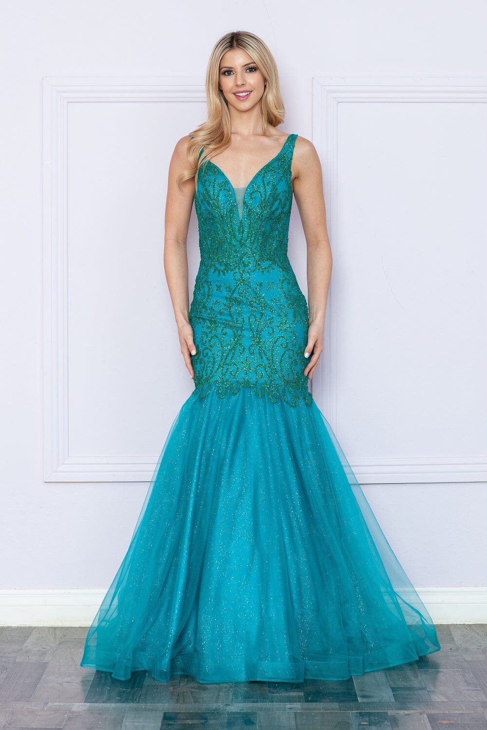 Teal V Neck Floor Length Glitter Tulle Prom Dress with Sweep Train Formal Gown Poly USA 9388