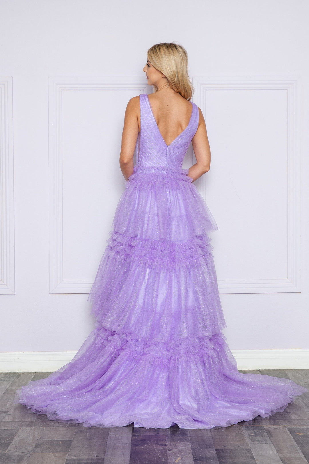 Lavender V Neck Floor Length Glitter Mesh Prom Dress with Tiered Ruffle Slit Skirt Poly USA 9406