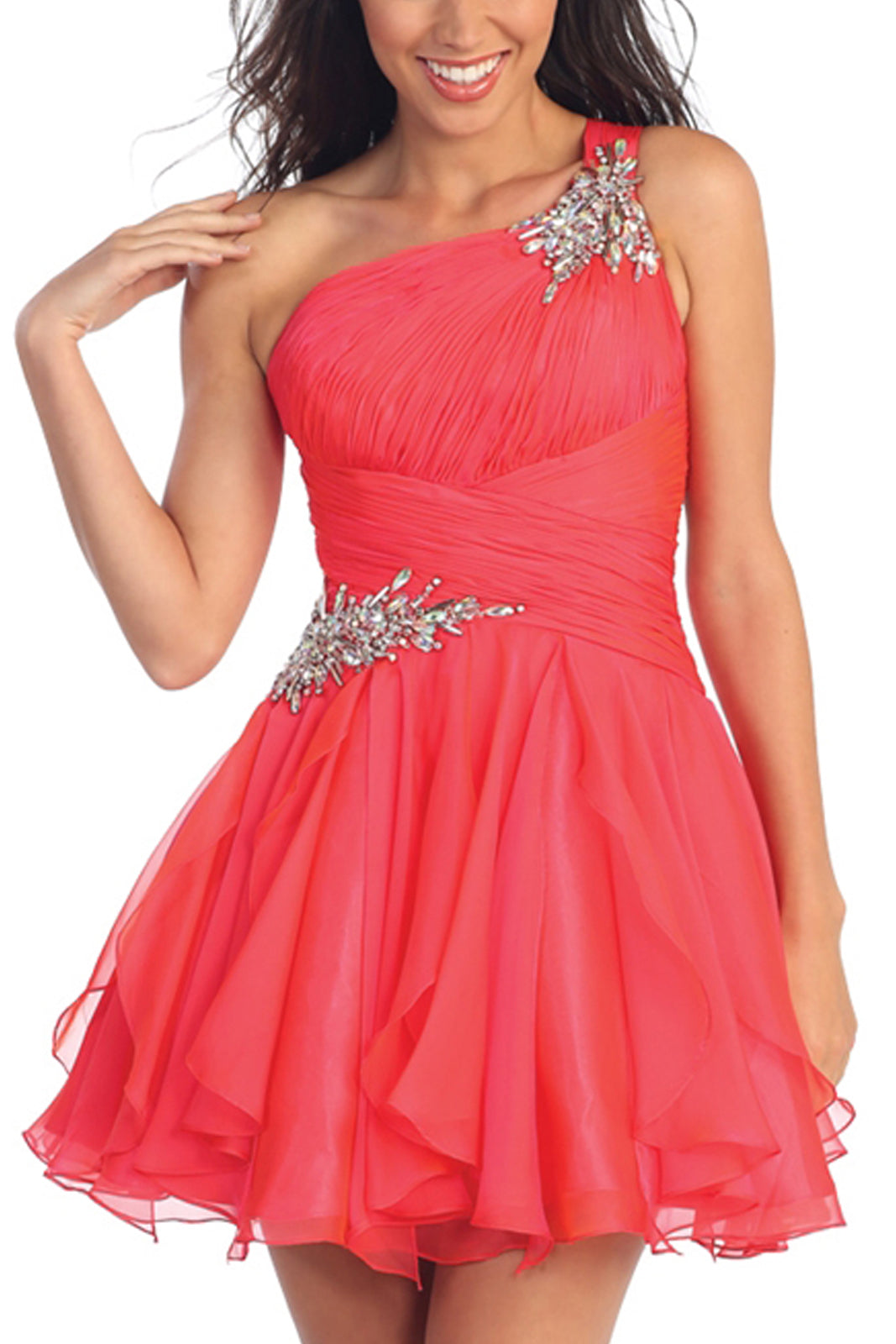 One Shoulder Short Chiffon Prom Dress - The Dress Outlet Fuchsia