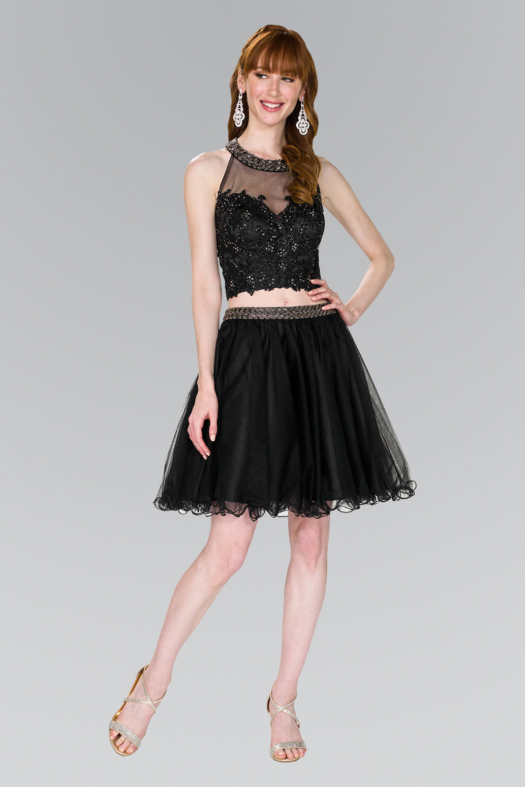 Black Two Piece Short Beaded Cocktail Dress