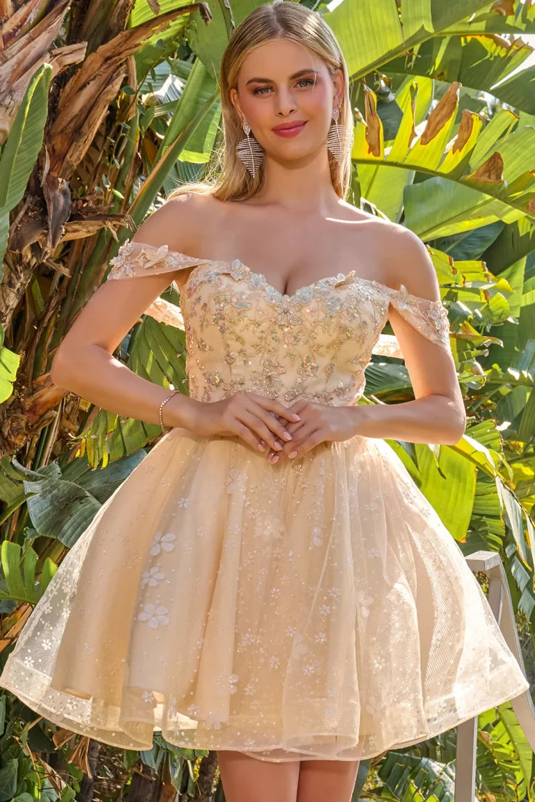 Cocktail Dresses Floral A Line Short Homecoming Cocktail Dress Champagne