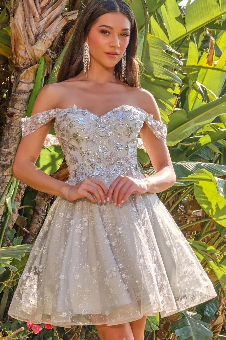 Cocktail Dresses Floral A Line Short Homecoming Cocktail Dress Silver