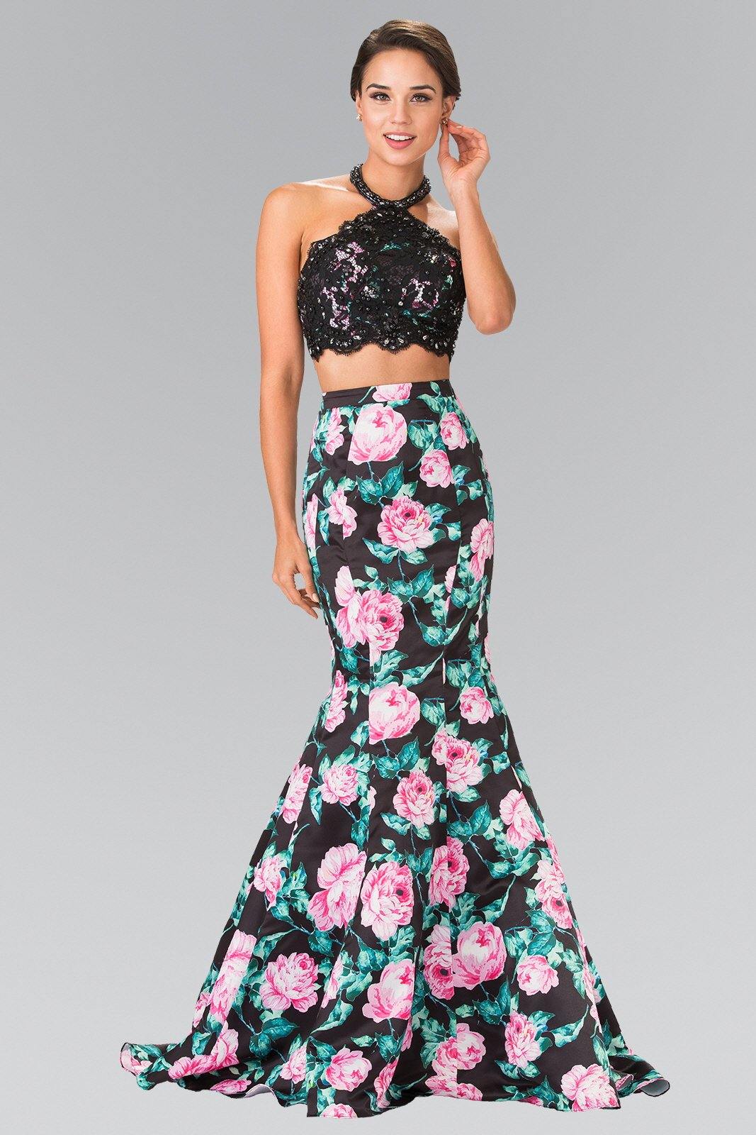 Black Halter-Neck Two-Piece Floral Print Long Prom Dress for $227.99 – The  Dress Outlet