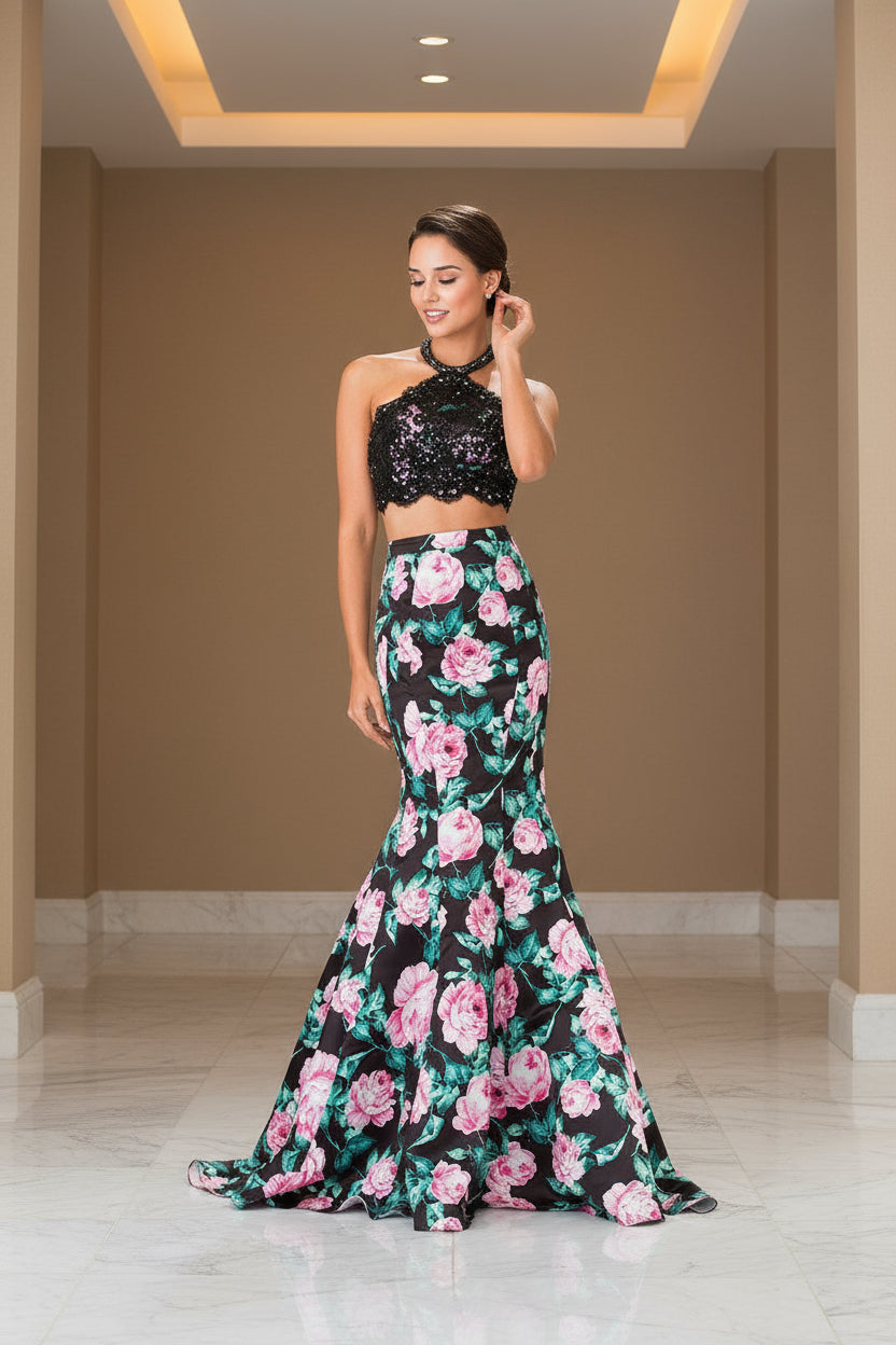 Halter-Neck Two-Piece Floral Print Long Prom Dress - The Dress Outlet Elizabeth K