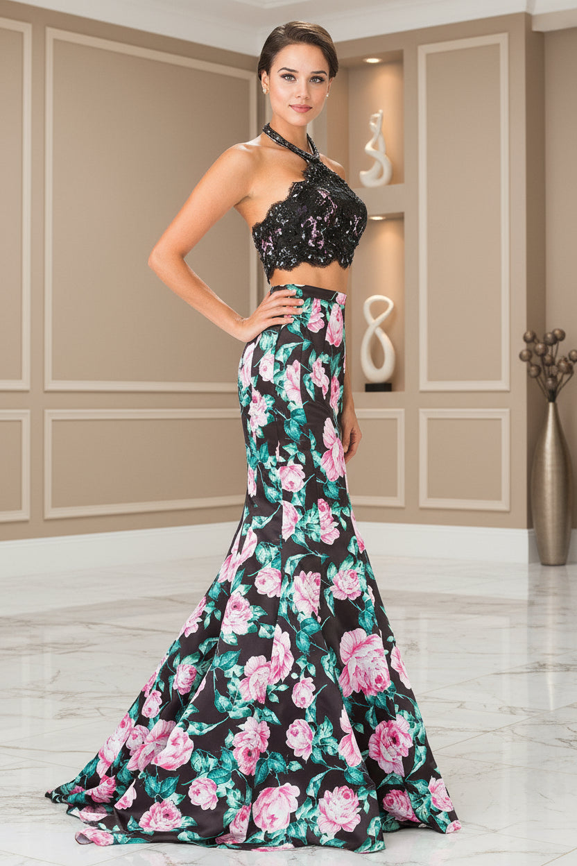 Halter-Neck Two-Piece Floral Print Long Prom Dress