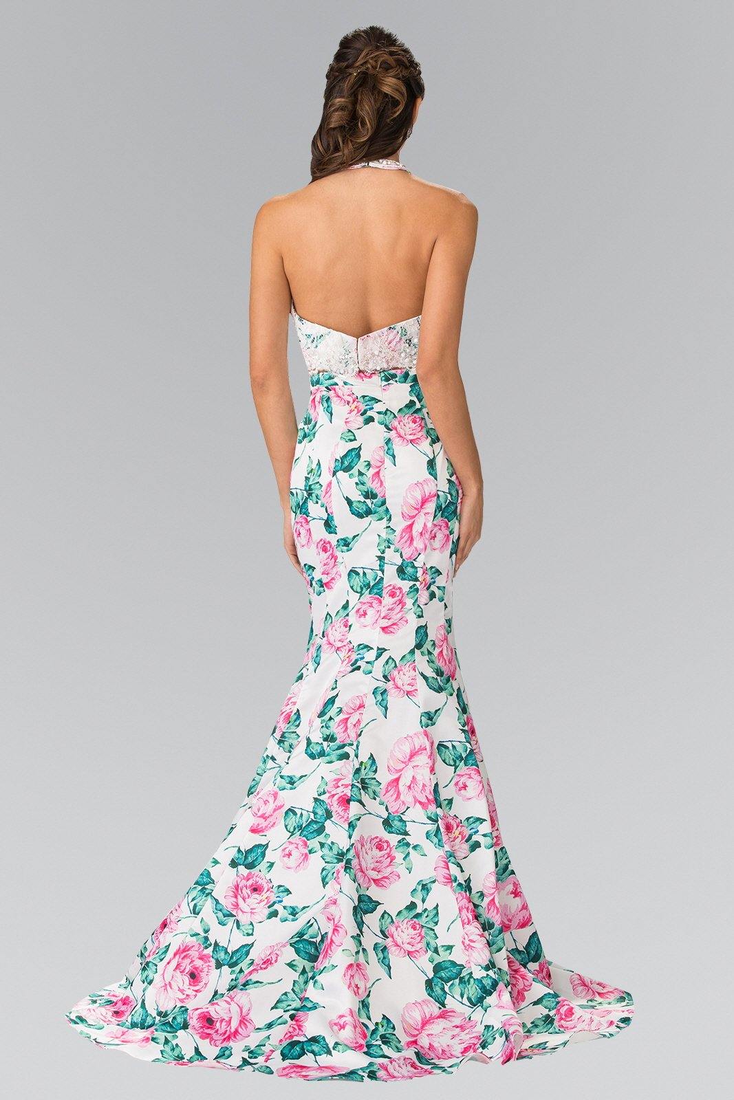 Halter-Neck Two-Piece Floral Print Long Prom Dress - The Dress Outlet Elizabeth K