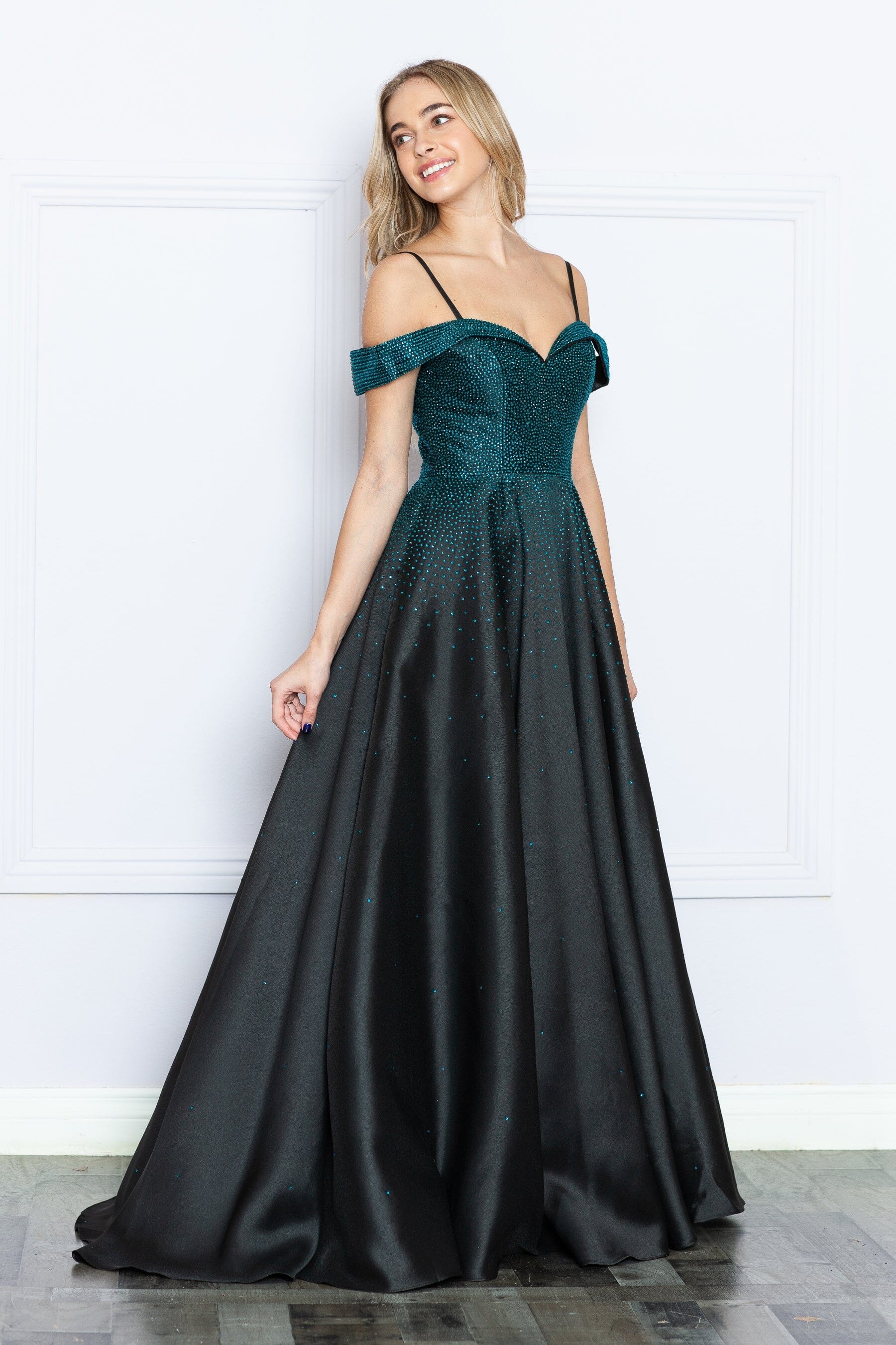 Black/Turquoise Off-the-Shoulder Floor-Length Satin Prom Gown with Heat Stone Embellishments Formal Dress Poly USA 9278