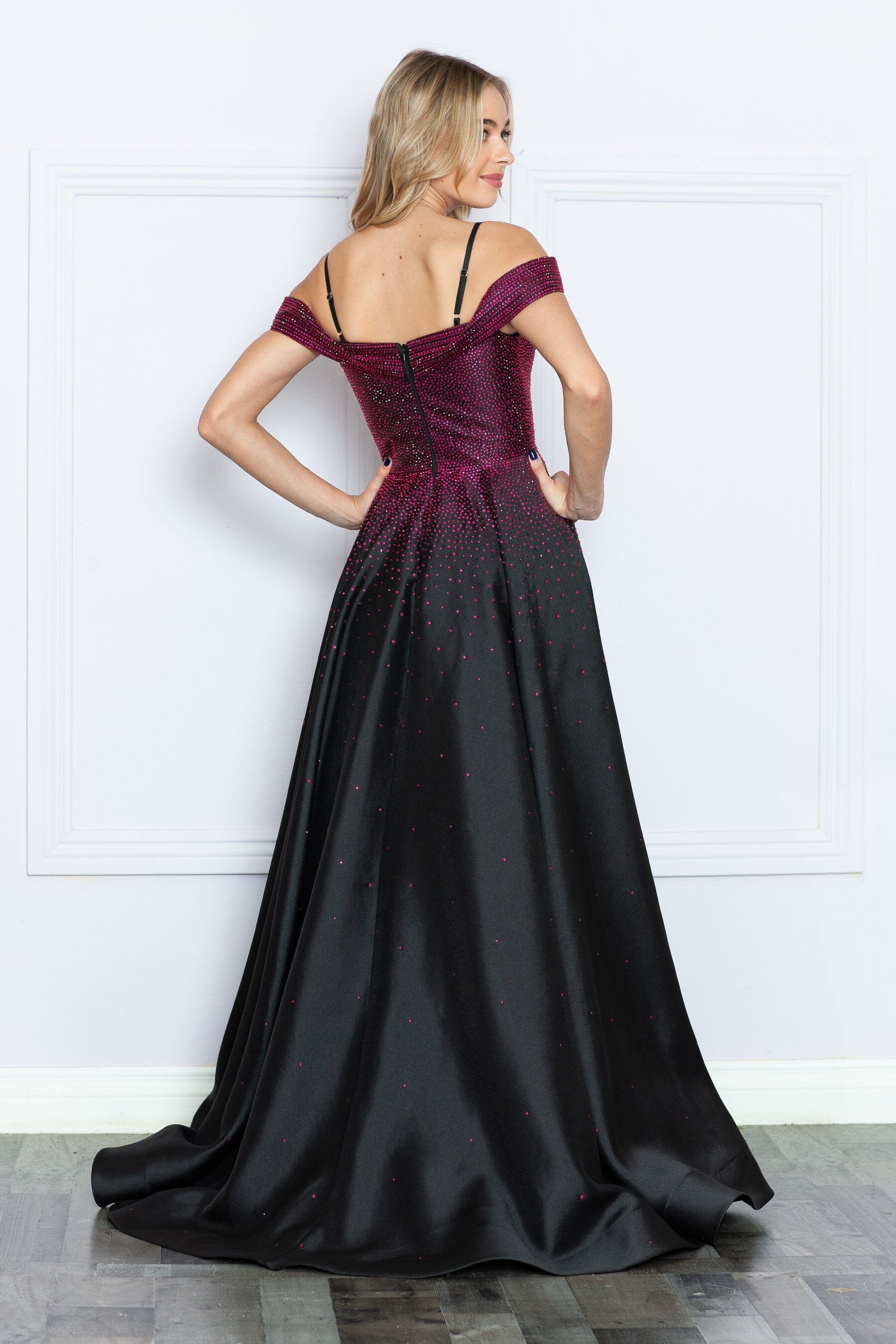Black/Hot Pink Off-the-Shoulder Floor-Length Satin Prom Gown with Heat Stone Embellishments Formal Dress Poly USA 9278
