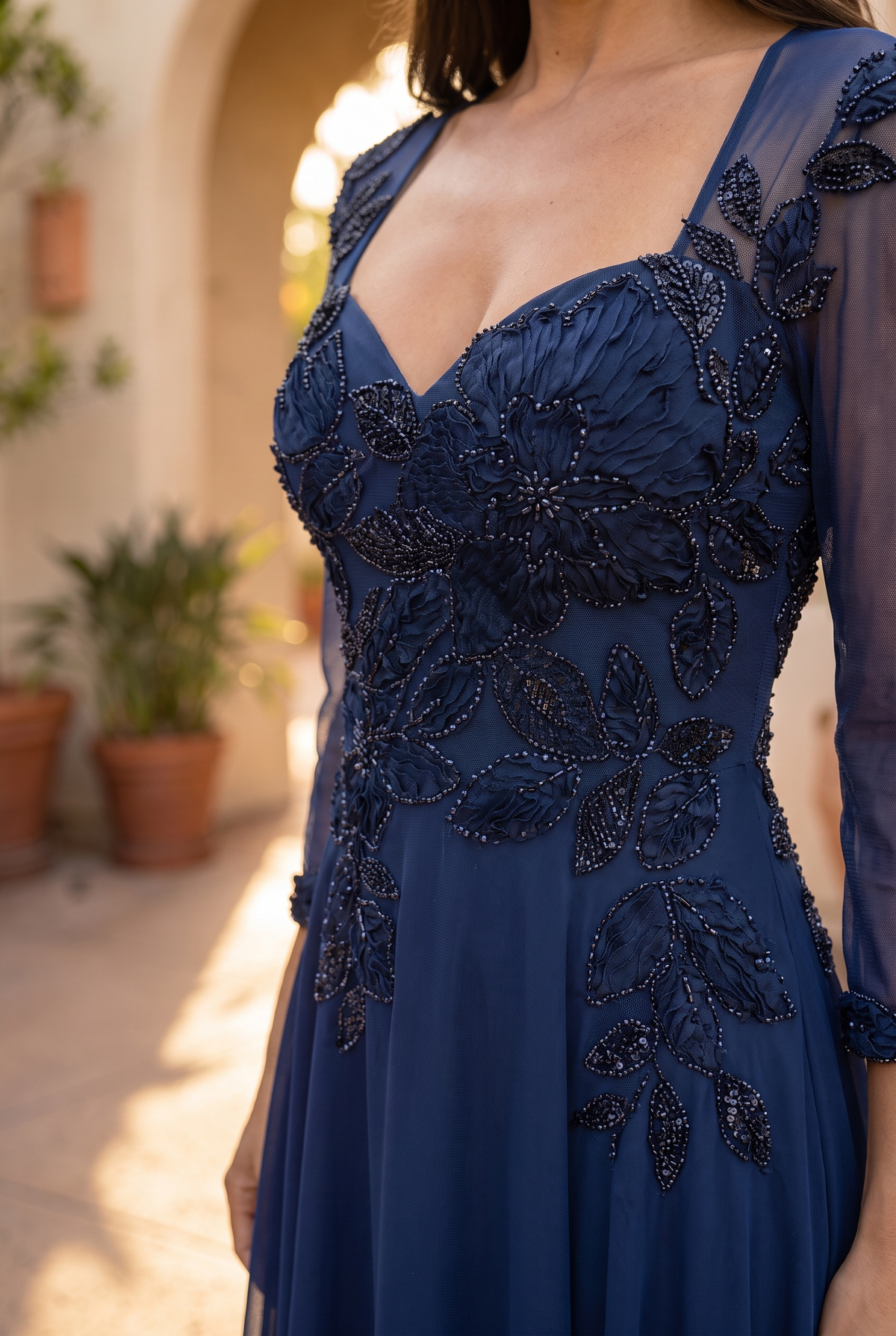 Navy gown bodice close-up