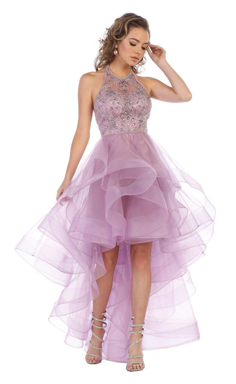 High Low Halter Ruffled Skirt Prom Dress - The Dress Outlet May Queen