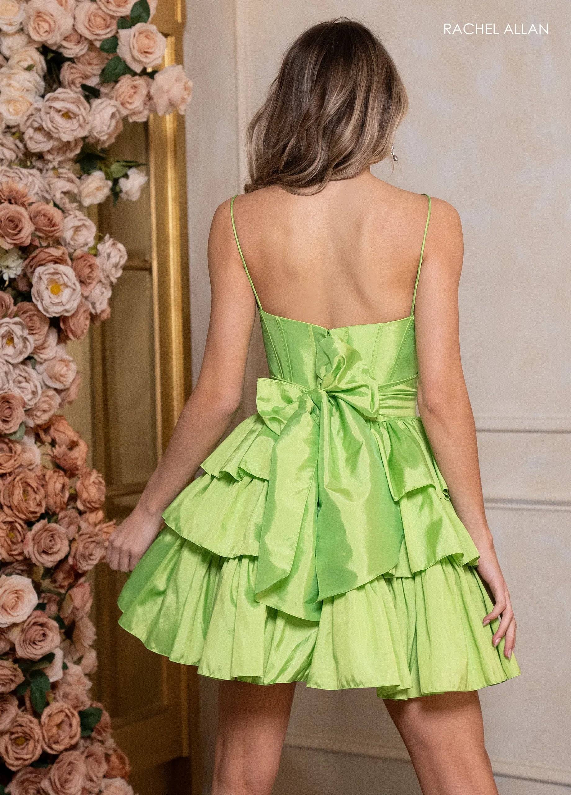 Lime Square Mini Taffeta Cocktail Dress with Corset Bodice and Tiered Ruffles Rachel Allan 40507
