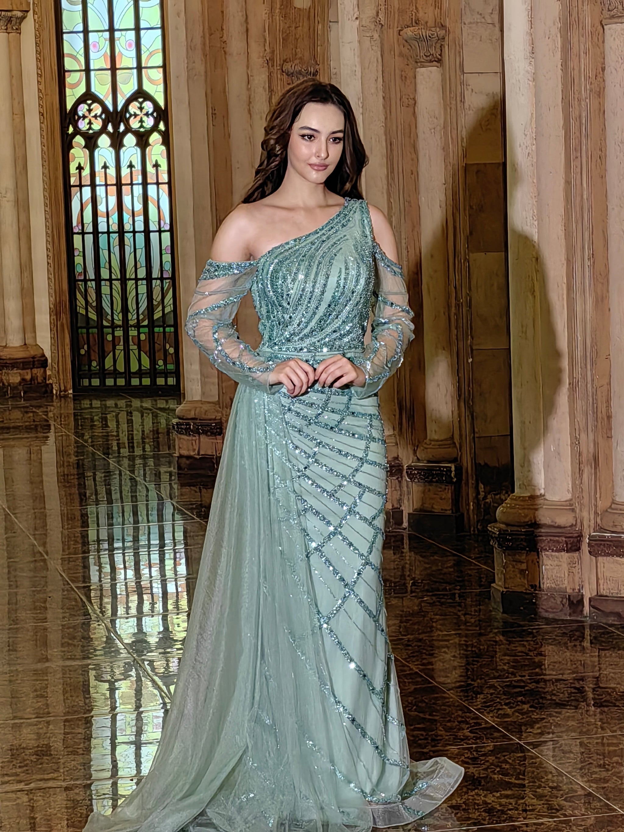 Long Couture Long Sleeve Hand Beaded Formal Dress