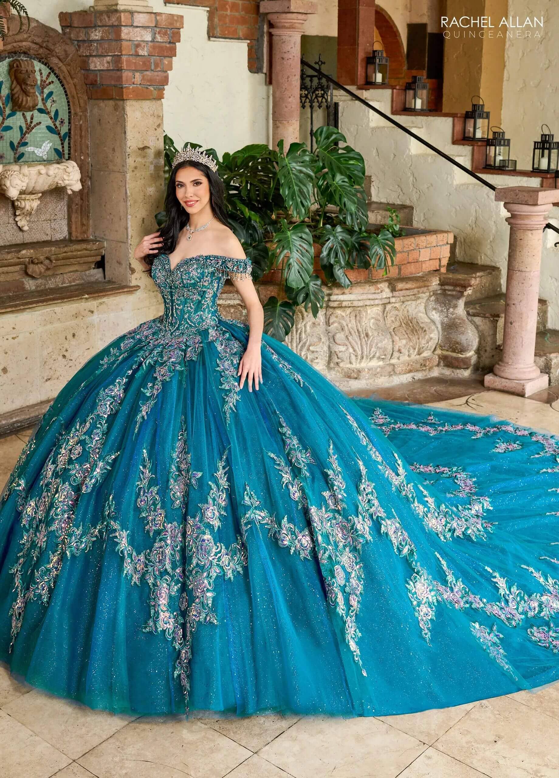 Peacock Off the Shoulder Floor-Length Glitter Tulle Quinceanera Ball Gown with Embroidered Appliqué Train Rachel Allan RQ2205
