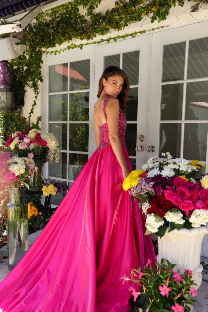Prom Dresses Long Formal A Line Beaded Corset Prom Dress Hot Pink