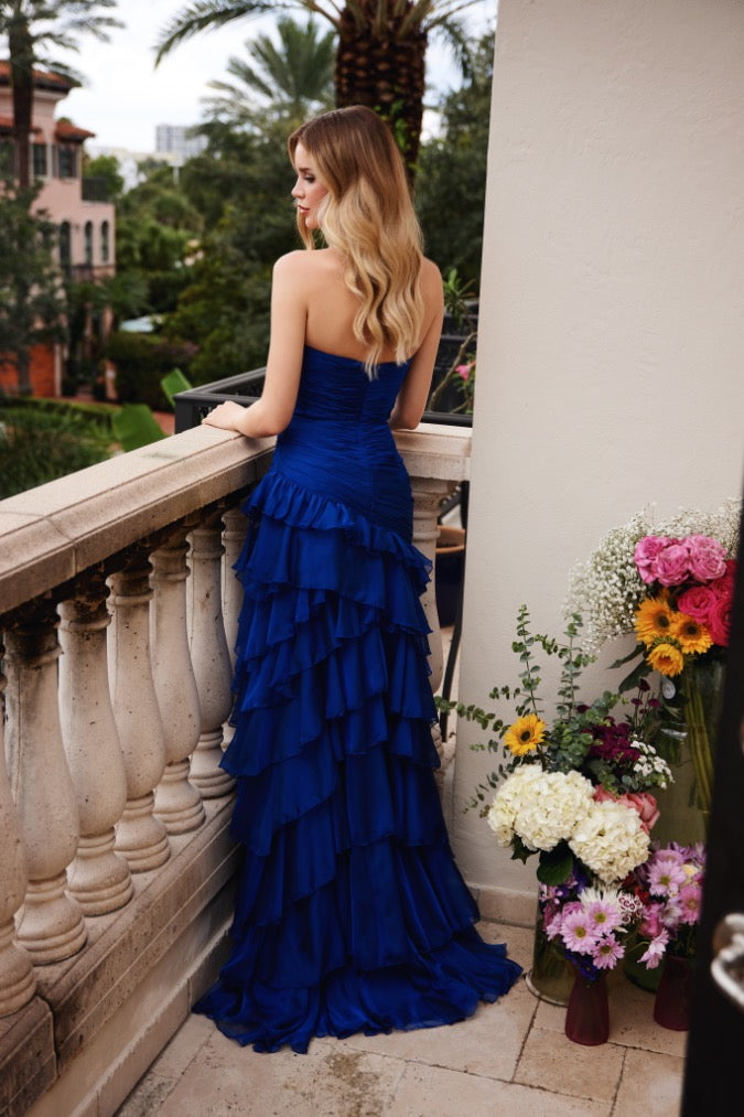 Prom DressesRuffle Long Formal Slit Evening Dress Cobalt