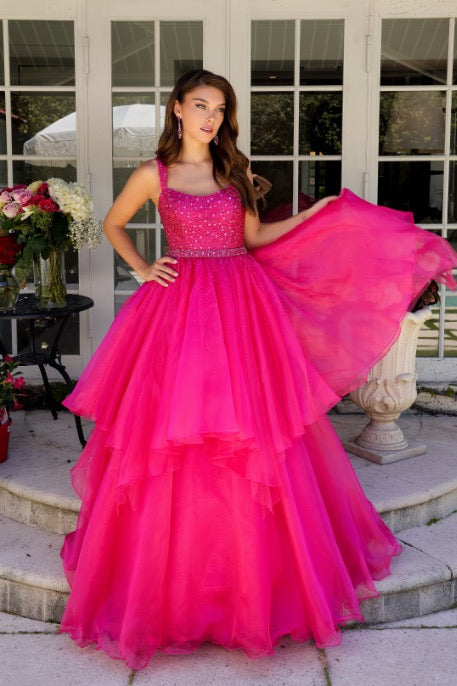 Prom Dresses Beaded Ball Gown Long Tiered Skirt Prom Dress Hot Pink