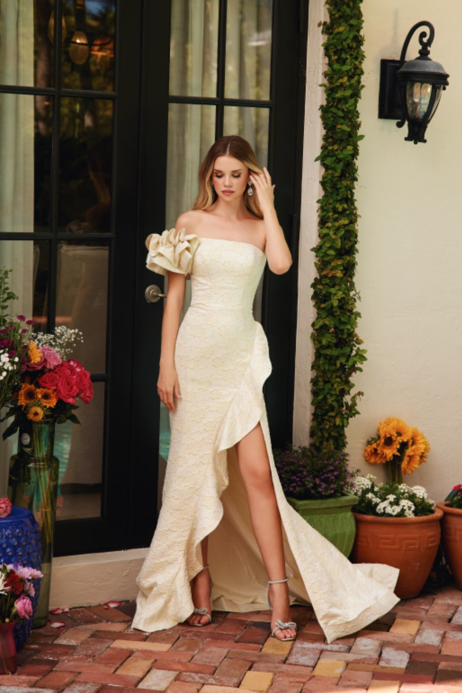 Prom Dresses Long Ruffle Formal Slit Prom Dress Soft Yellow