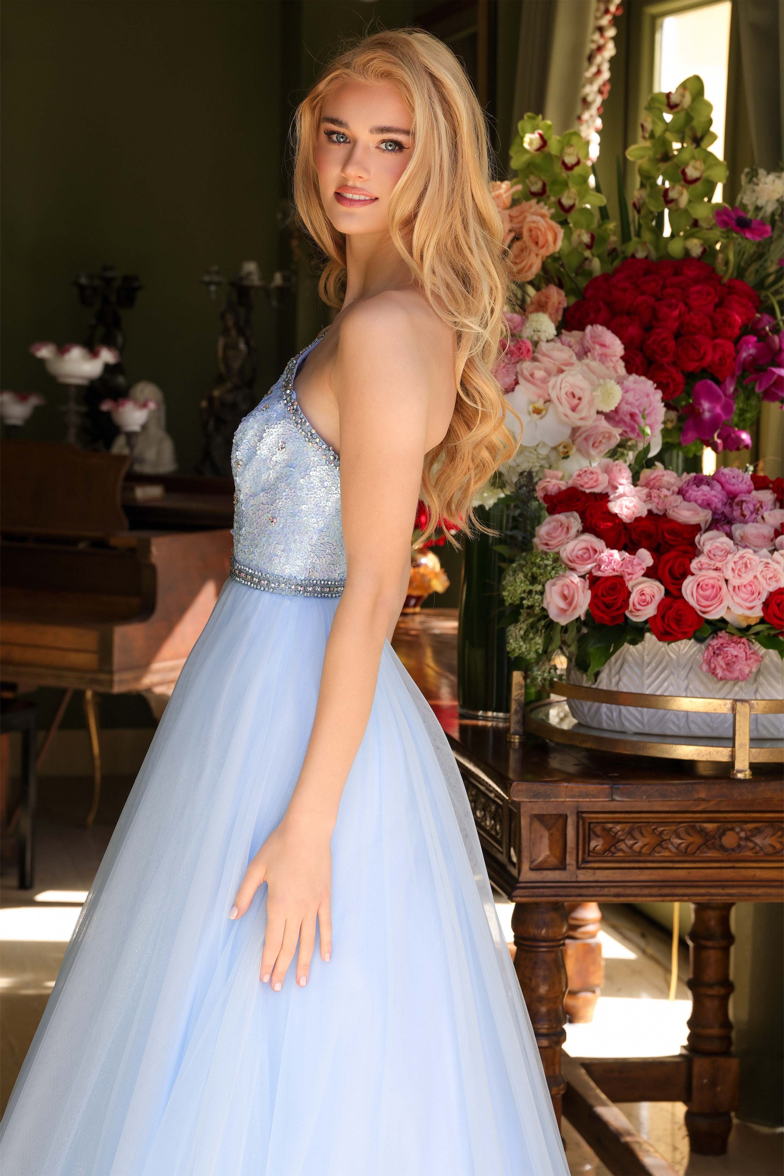 Prom Dresses Long Ruffle Sequin Beaded Formal Prom Dress Light Blue