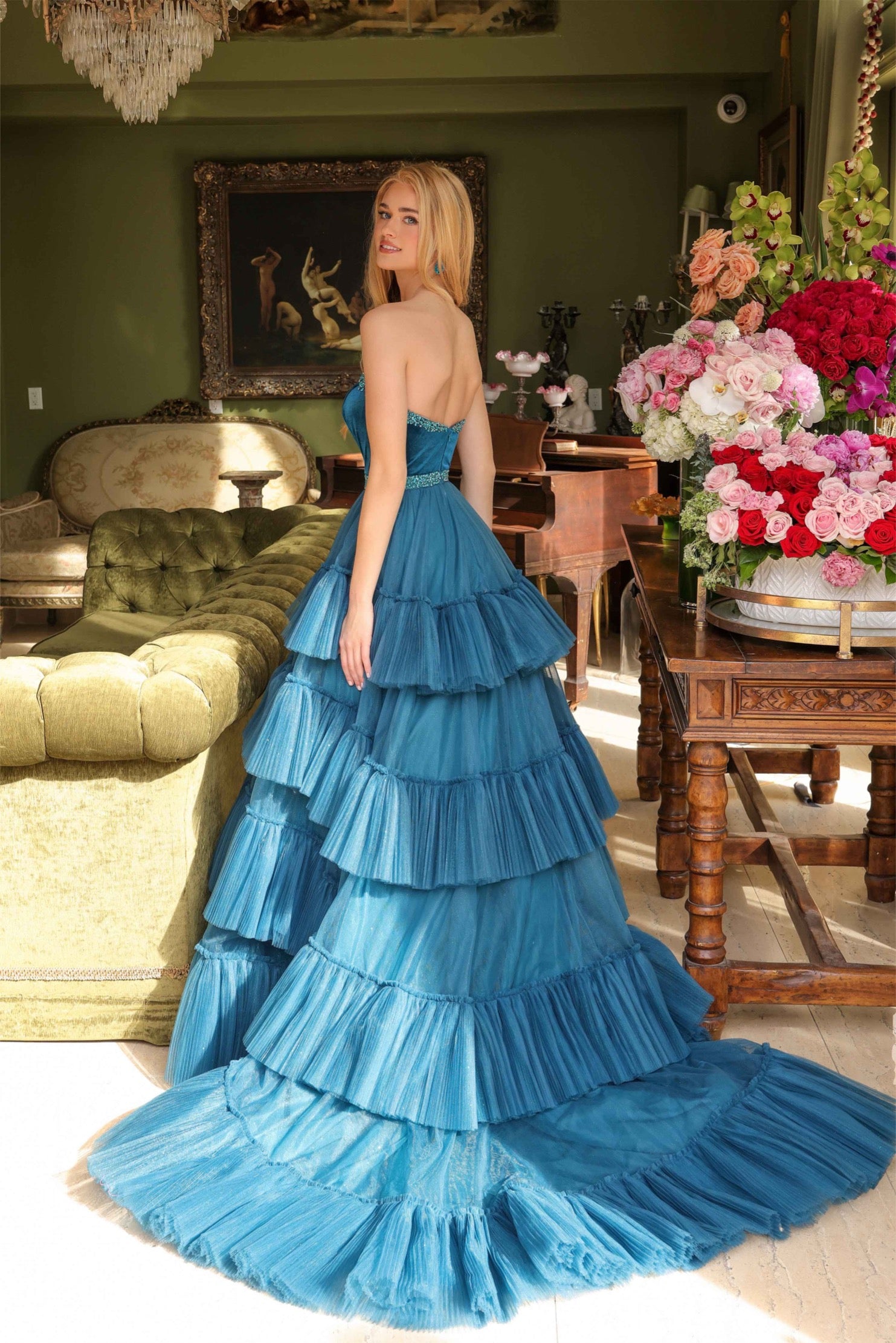 Prom Dresses Long Formal Ruffle Tiered Ball Gown Pleated Prom Dress Teal