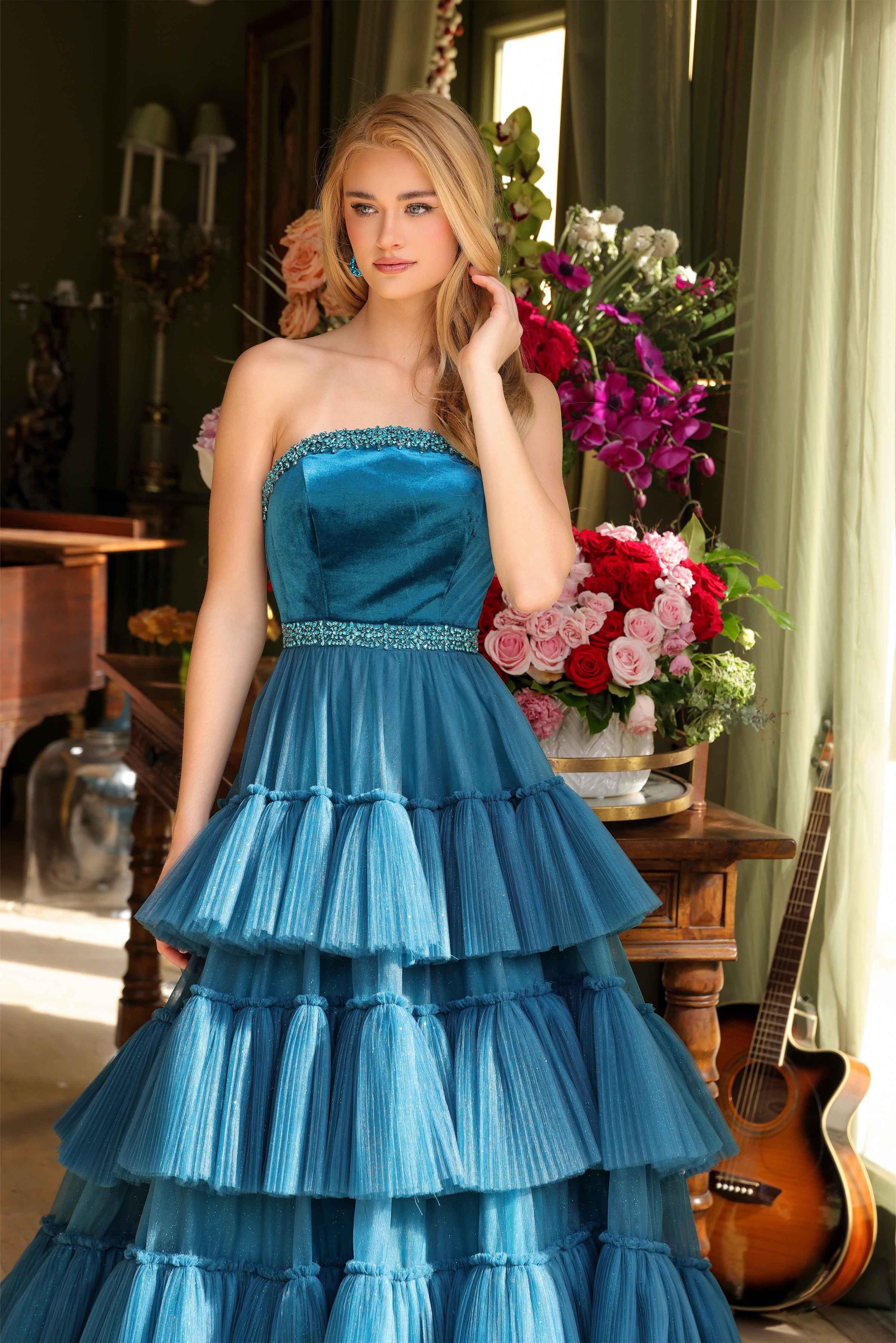 Prom Dresses Long Formal Ruffle Tiered Ball Gown Pleated Prom Dress Teal