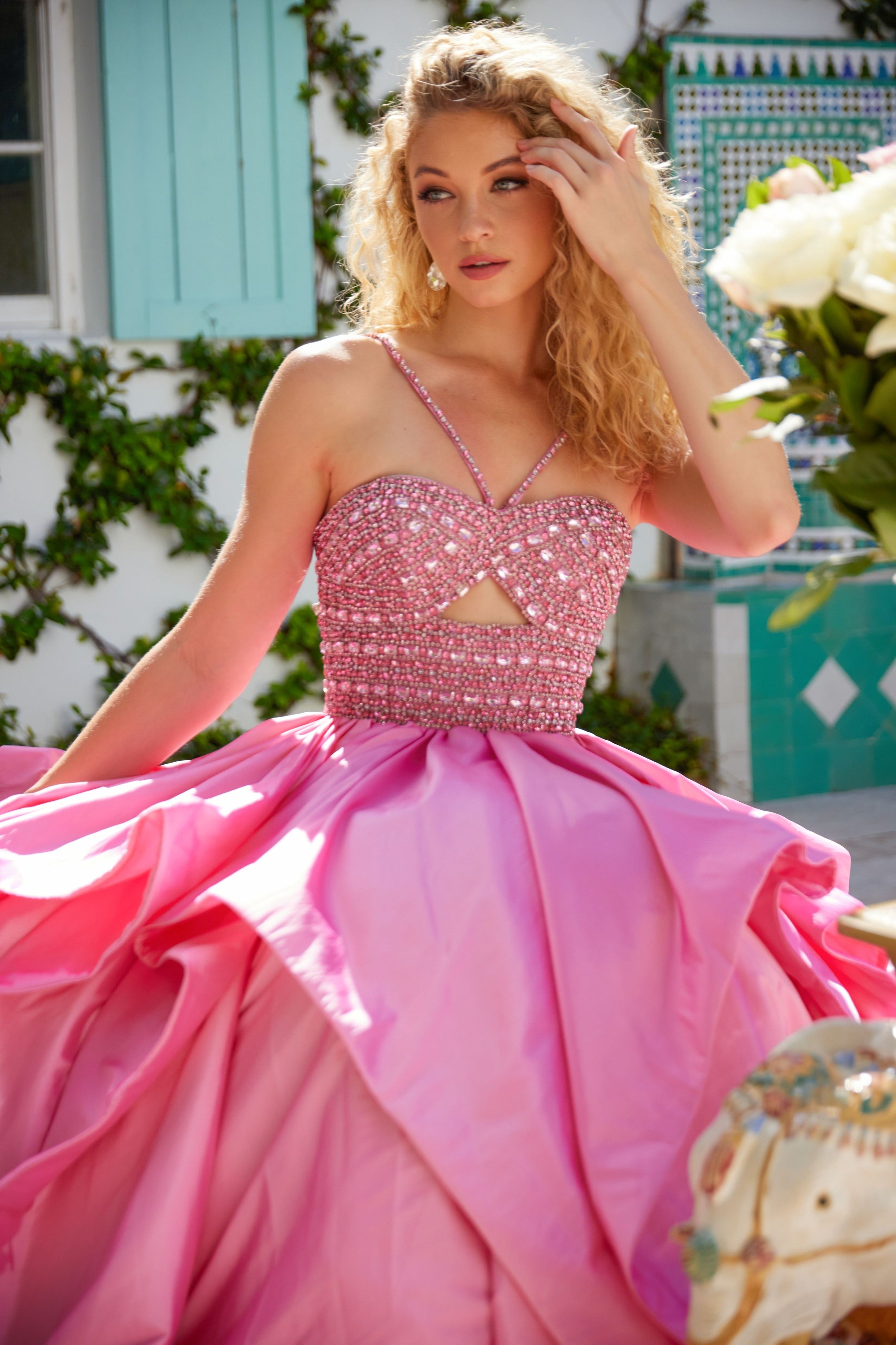 Prom Dresses A Line Long Ball Gown Beaded Prom Dress Bubble Gum
