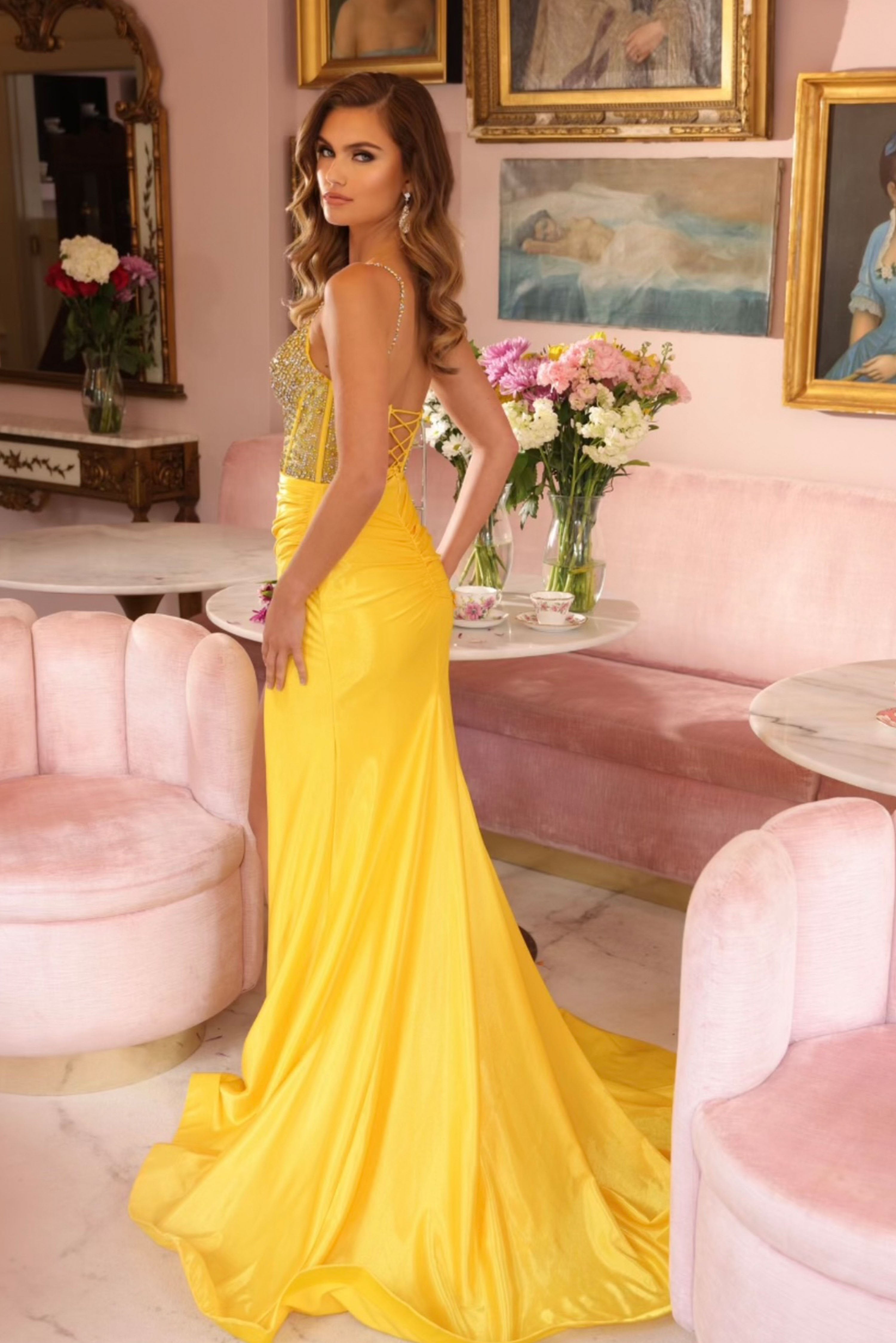 Prom Dresses Prom A Line Beaded Long Slit Ruched Formal Evening Dress Yellow