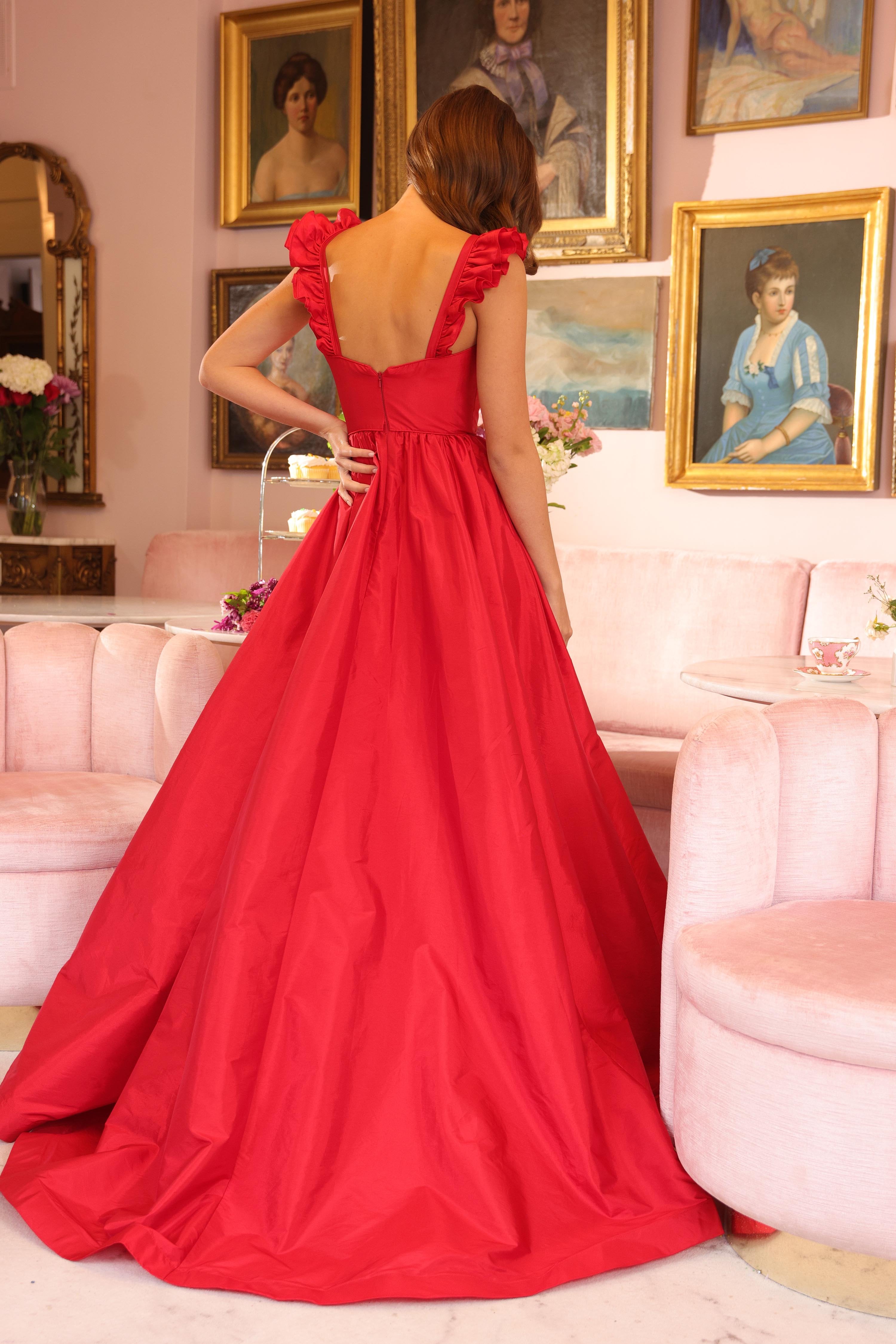Prom Dresses Prom A Line Long Slit Ruffle Formal Dress Red