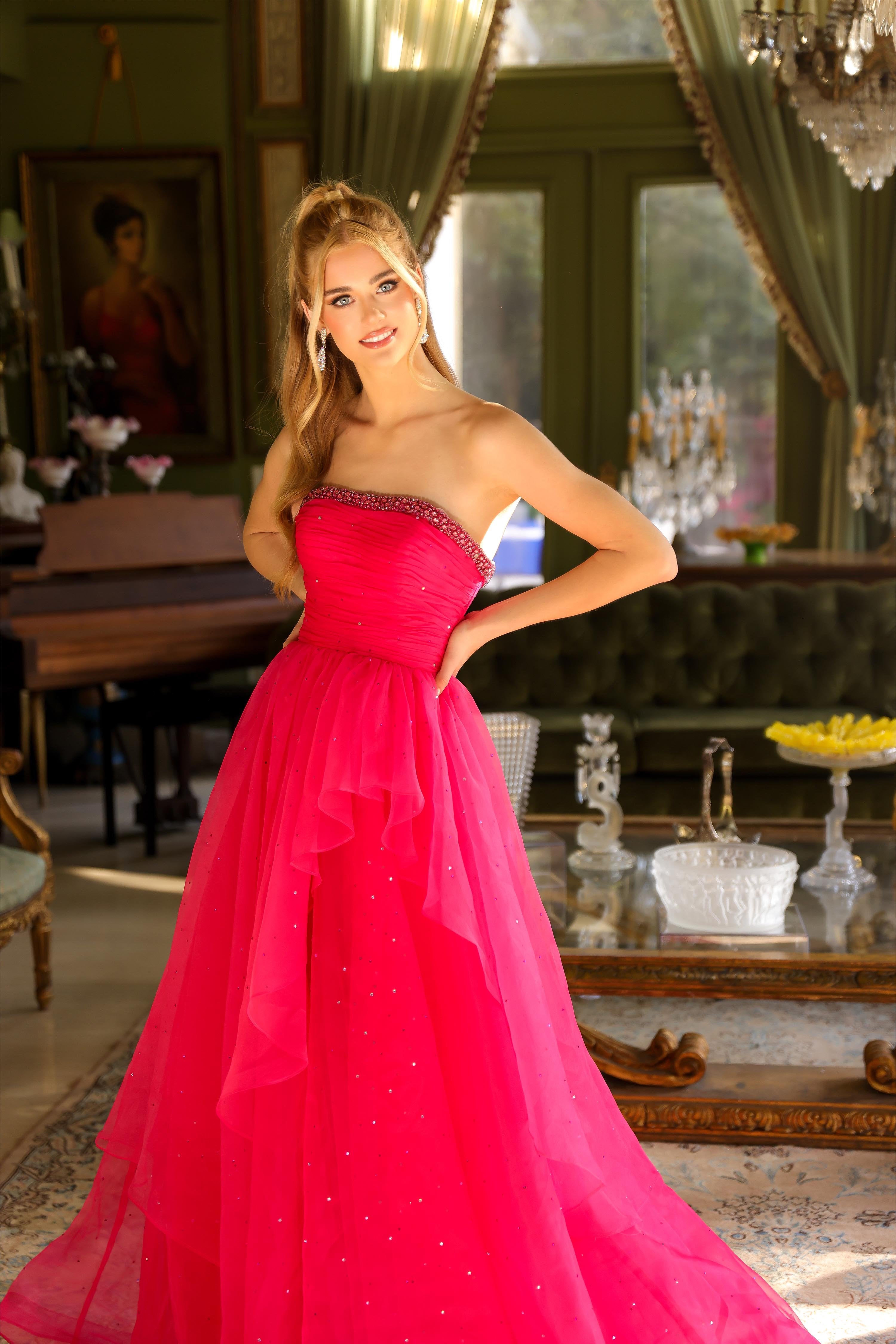 Prom Dresses A Line Long Formal Beaded Layered Prom Dress Hot Pink