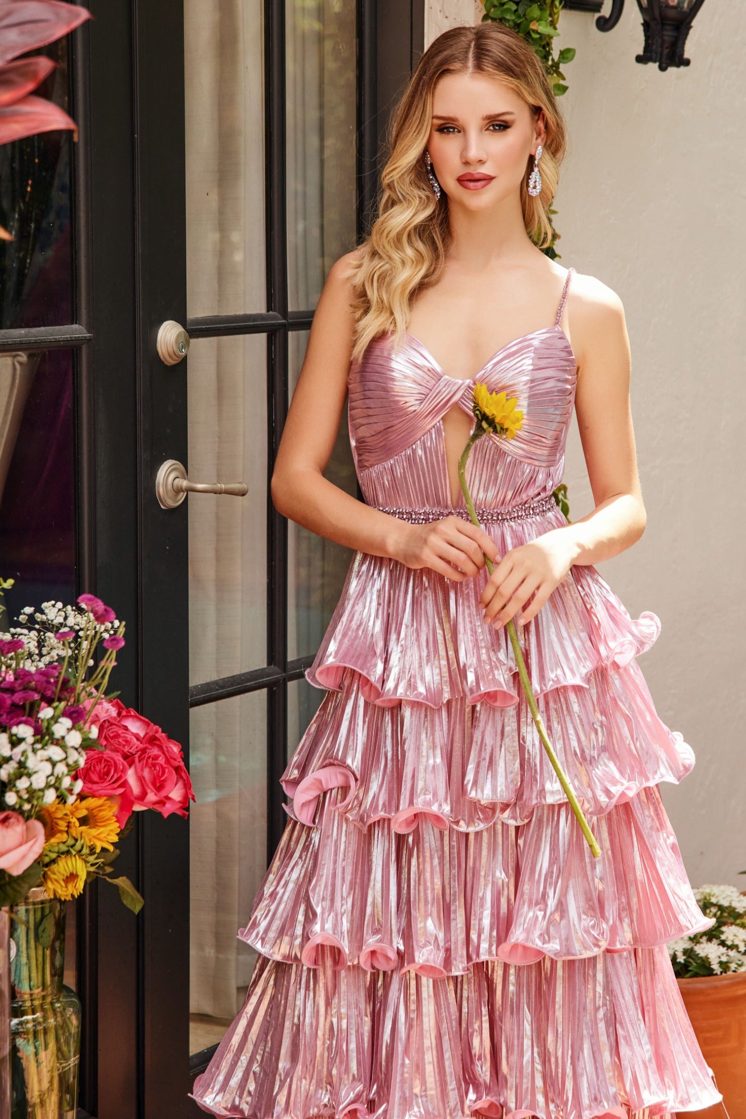 Prom Dresses Long Formal Tiered A Line Metallic Prom Dress Ice Pink