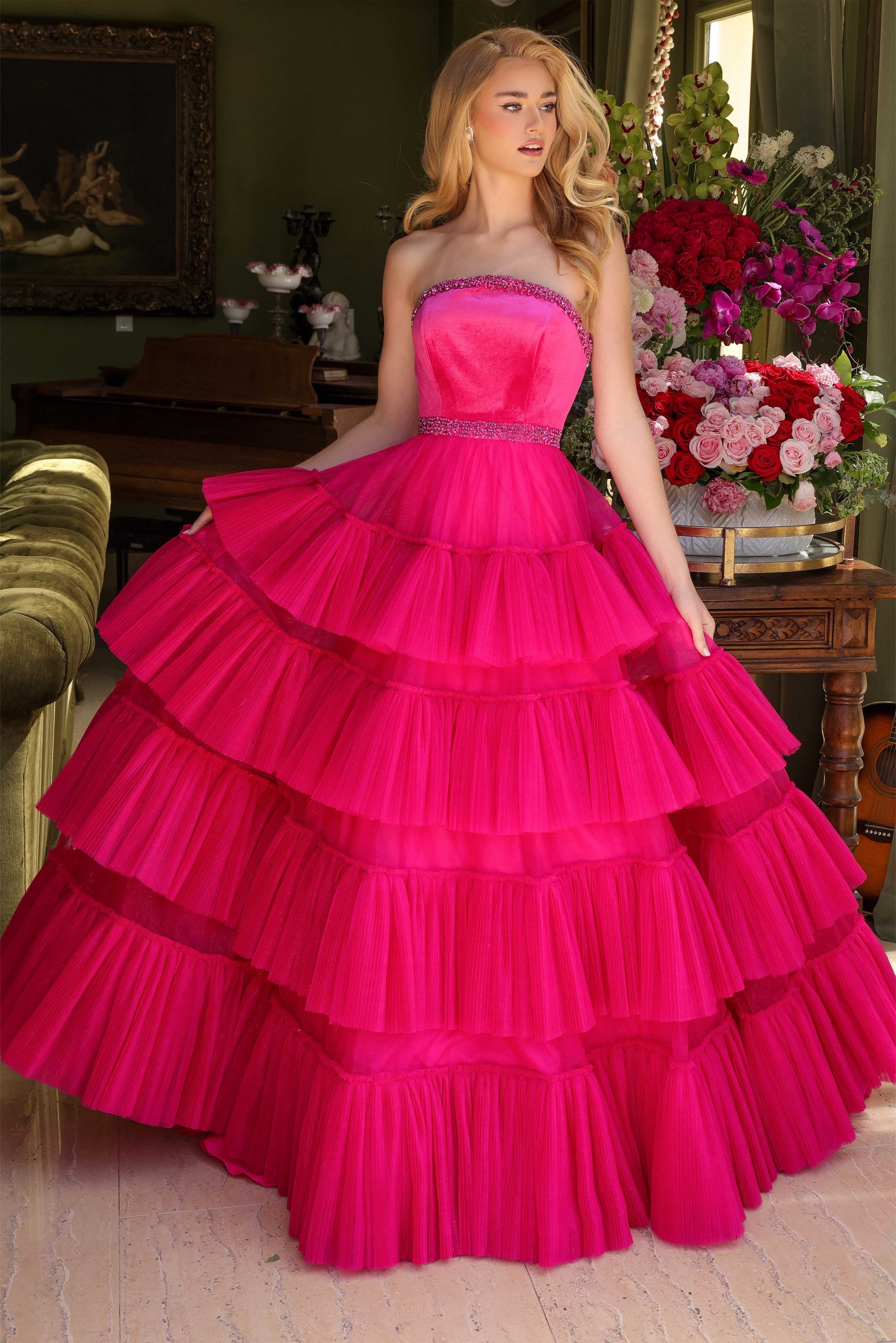 Prom Dresses Long Formal Ruffle Tiered Ball Gown Pleated Prom Dress Fuchsia