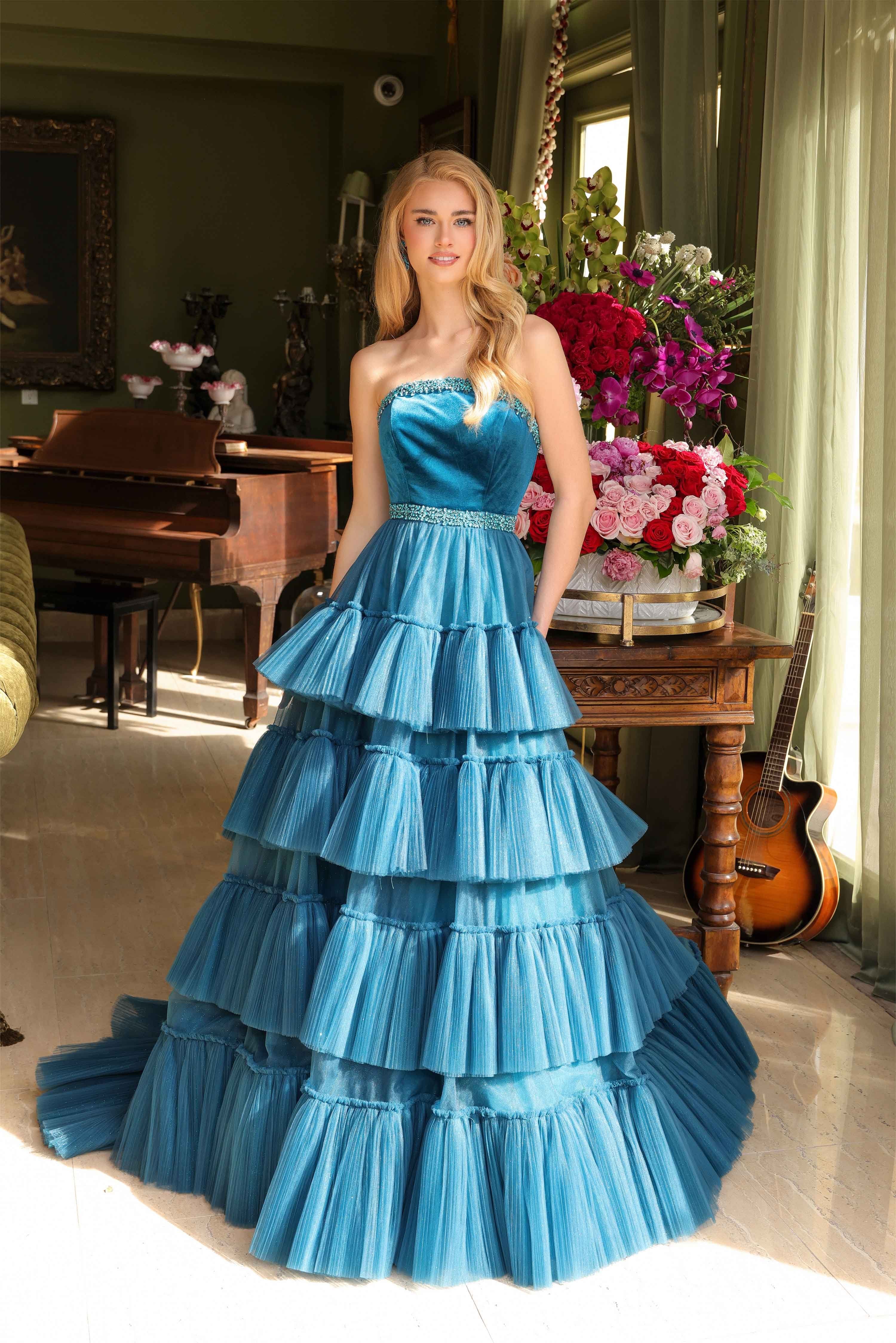 Prom Dresses Long Formal Ruffle Tiered Ball Gown Pleated Prom Dress Teal