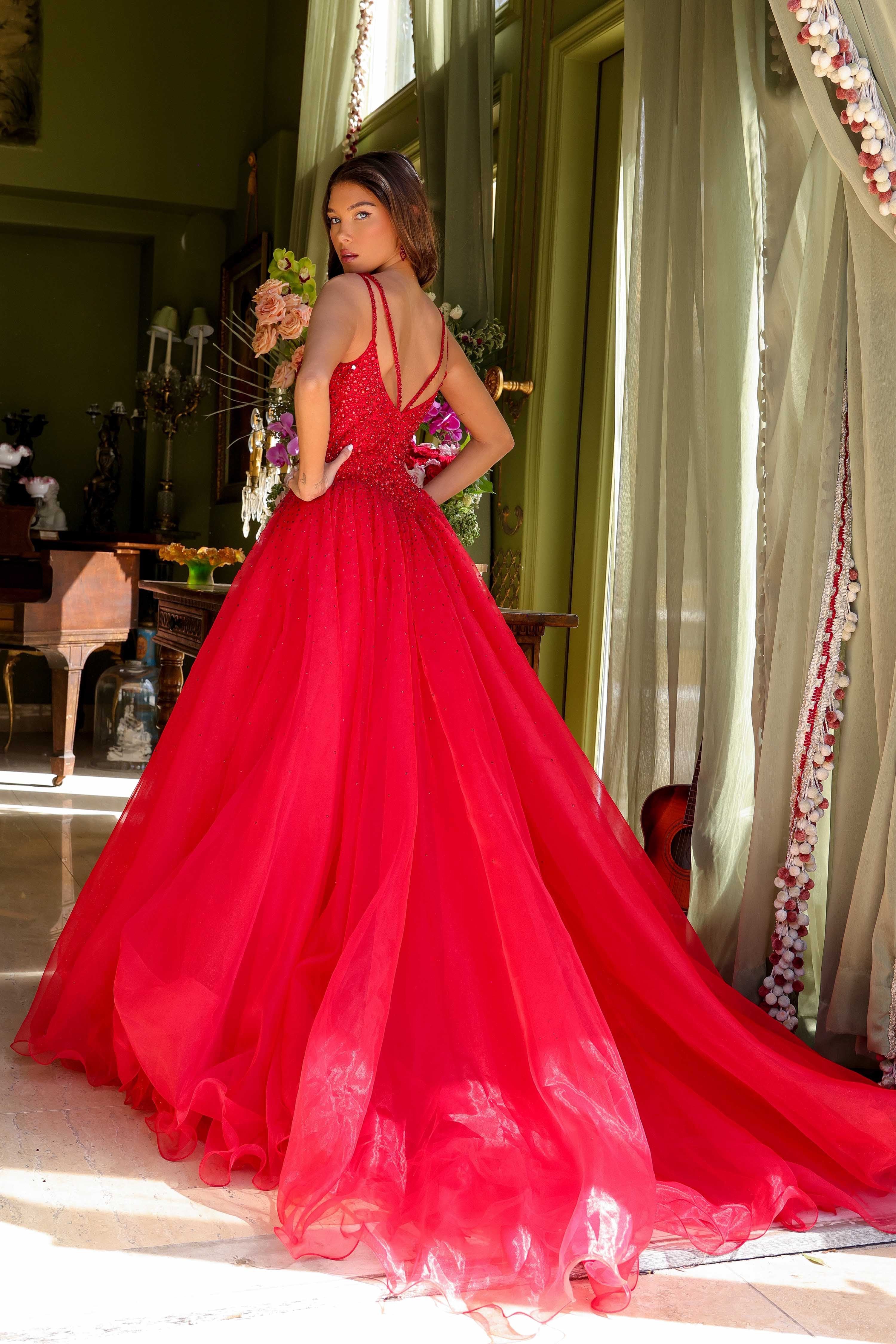 Prom Dresses Long Ball Gown Beaded Prom Dress Red