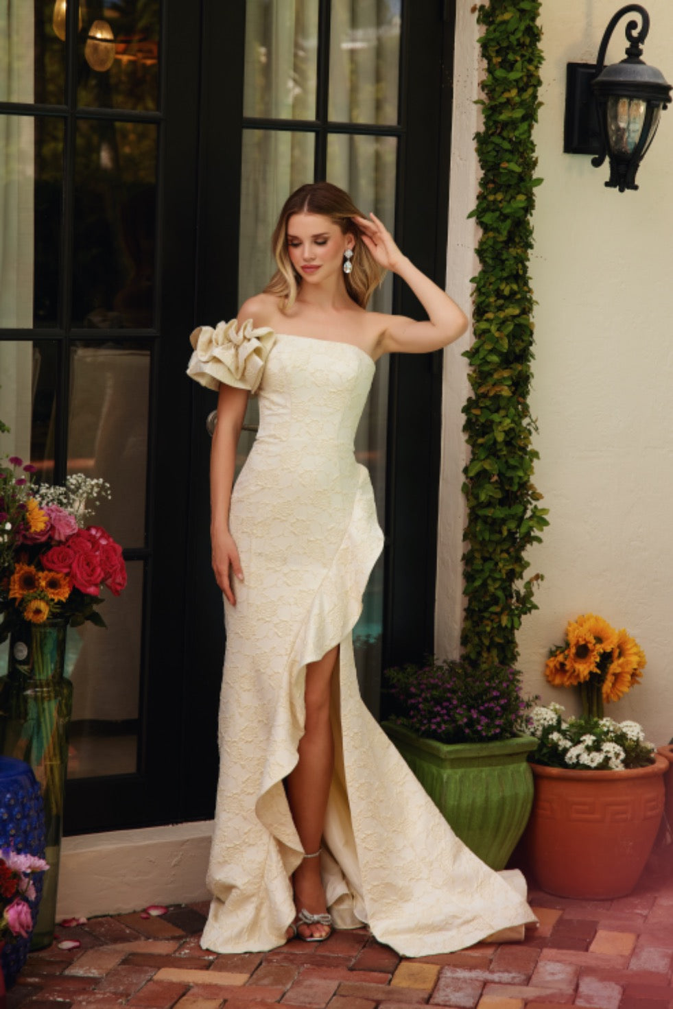 Prom Dresses Long Ruffle Formal Slit Prom Dress Soft Yellow