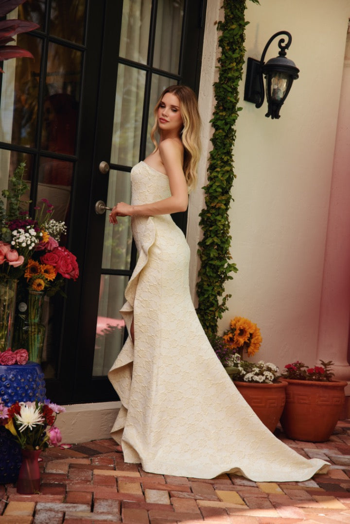 Prom Dresses Long Ruffle Formal Slit Prom Dress Soft Yellow