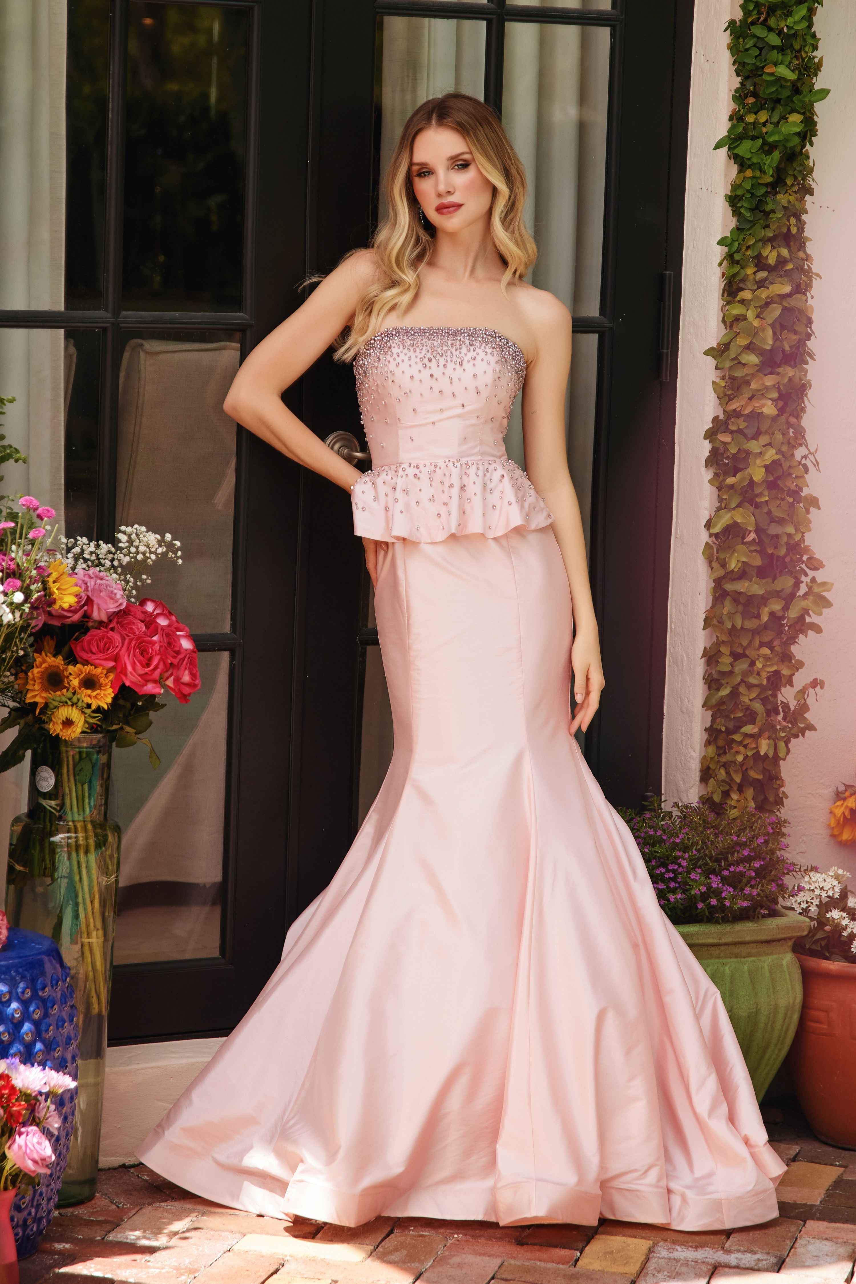 Prom Dresses Beaded Long Formal Peplum Mermaid Prom Dress Blush